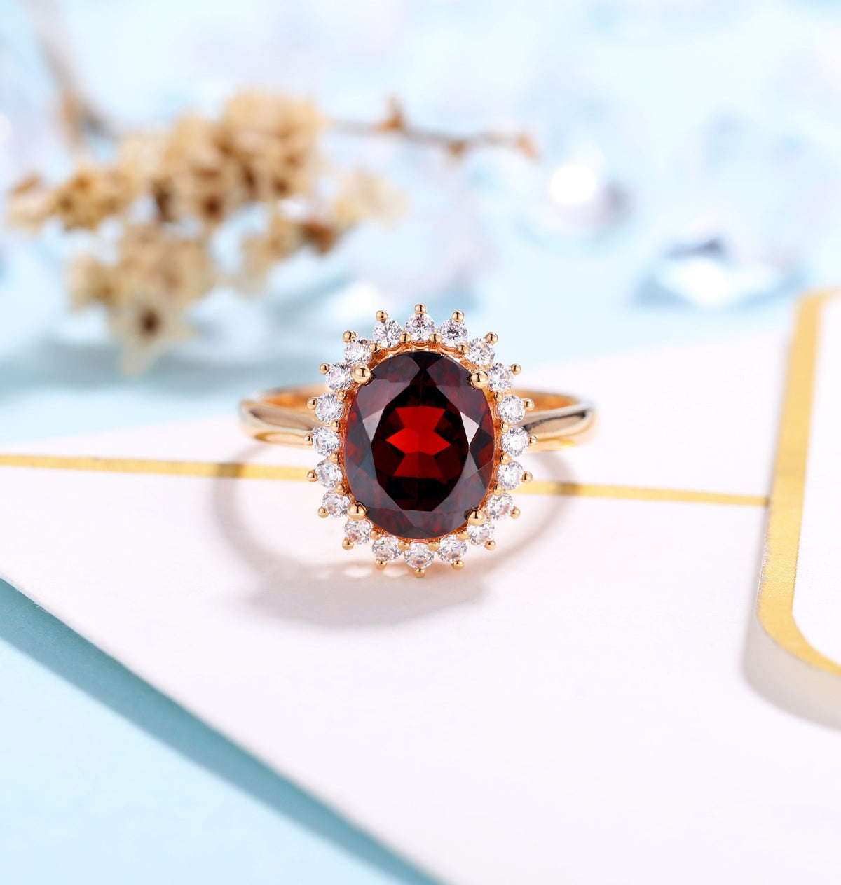 Garnet Engagement Ring Women Rose Gold | Antique Halo Bridal Jewelry |Delicate Moissanite Ring|Vintage wedding ring Anniversary ring