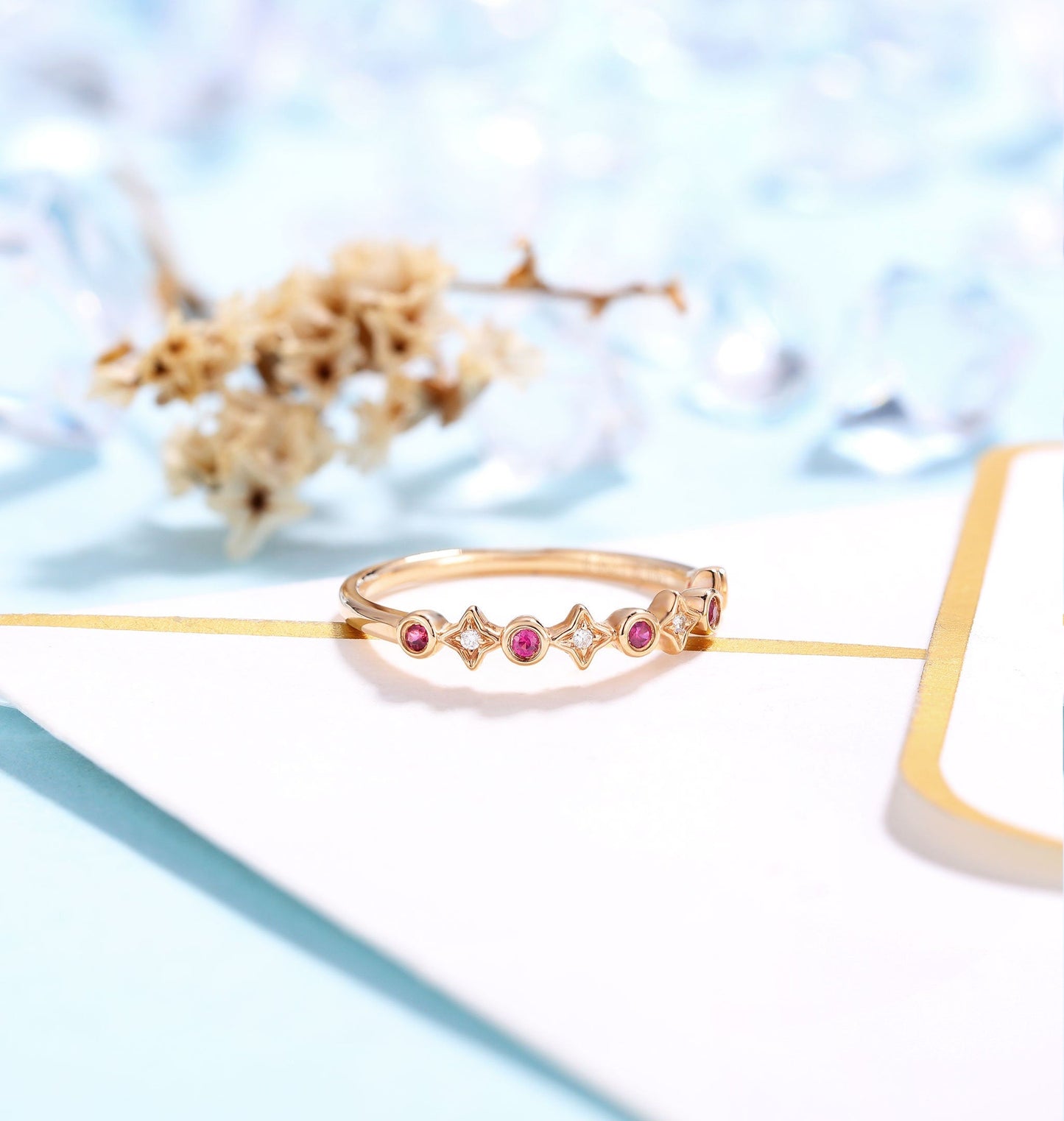 Delicate Wedding Band Rose Gold Women | Vintage Diamond wedding ring | Antique Ruby jewelry | Unique Promise Ring | Anniversary Gift for her
