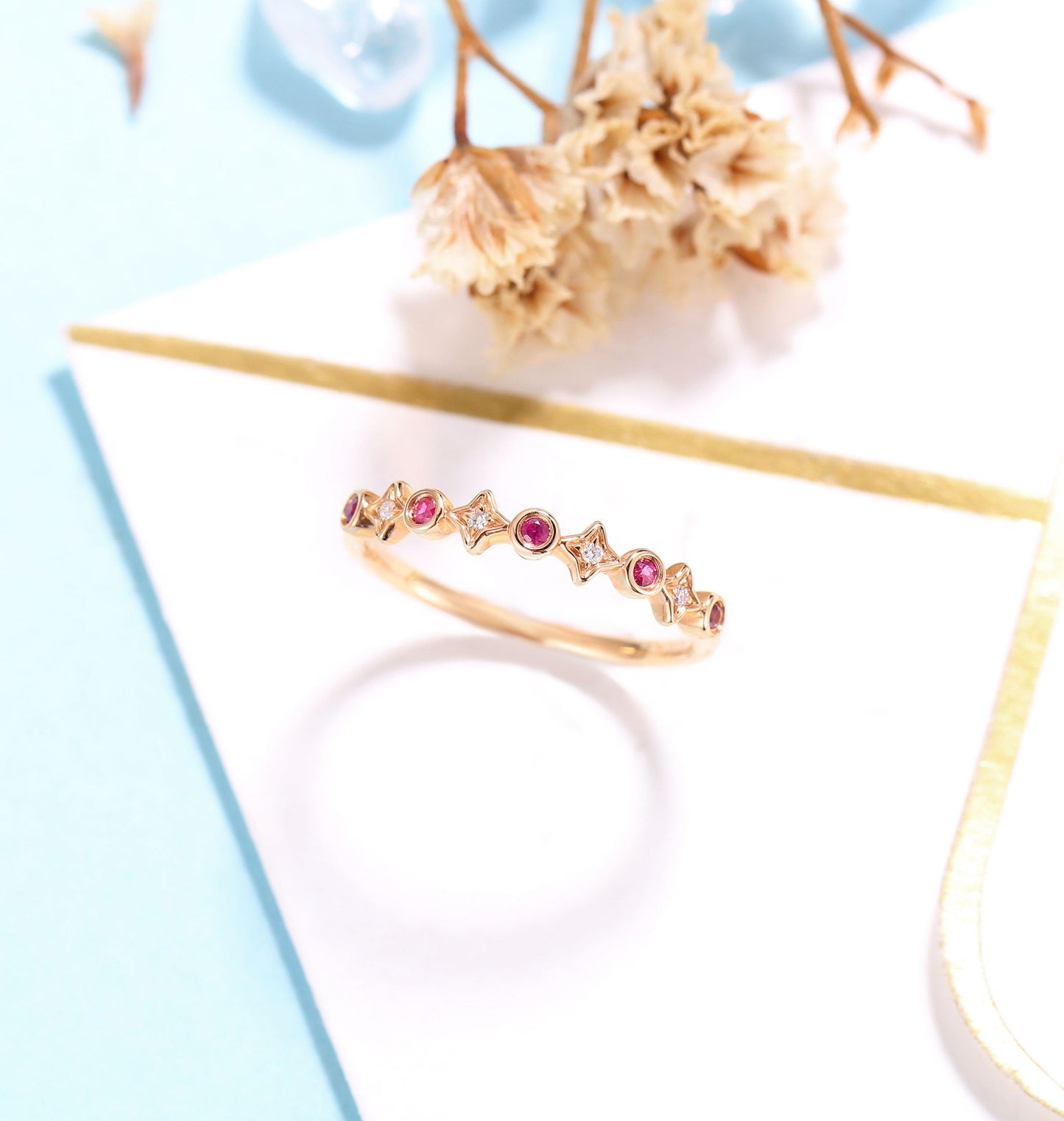 Delicate Wedding Band Rose Gold Women | Vintage Diamond wedding ring | Antique Ruby jewelry | Unique Promise Ring | Anniversary Gift for her