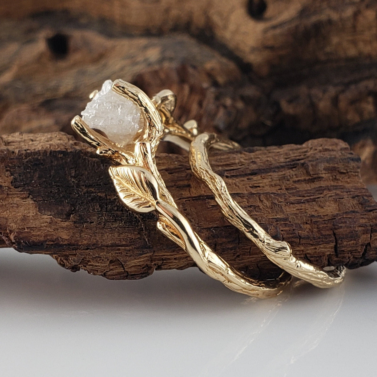 Rough Diamond Bridal Set with Leaf and Twig Design