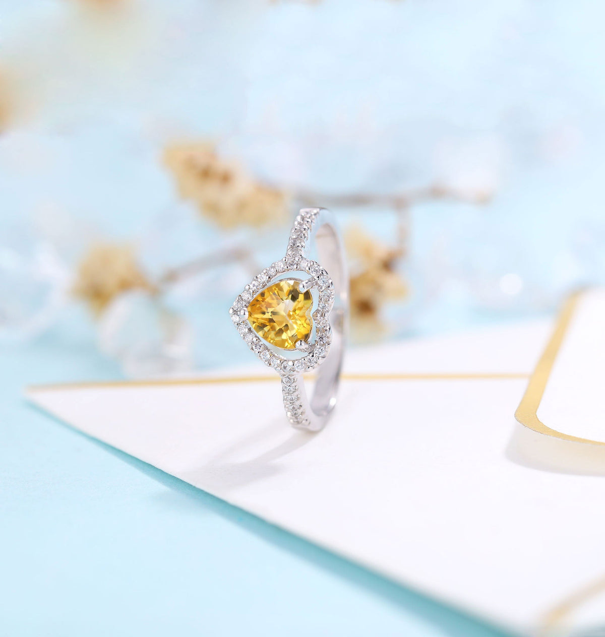 Citrine Engagement Ring Women White Gold | Heart cut Bridal Jewelry | Vintage Moissanite wedding ring| Promise ring Anniversary Gift for Her