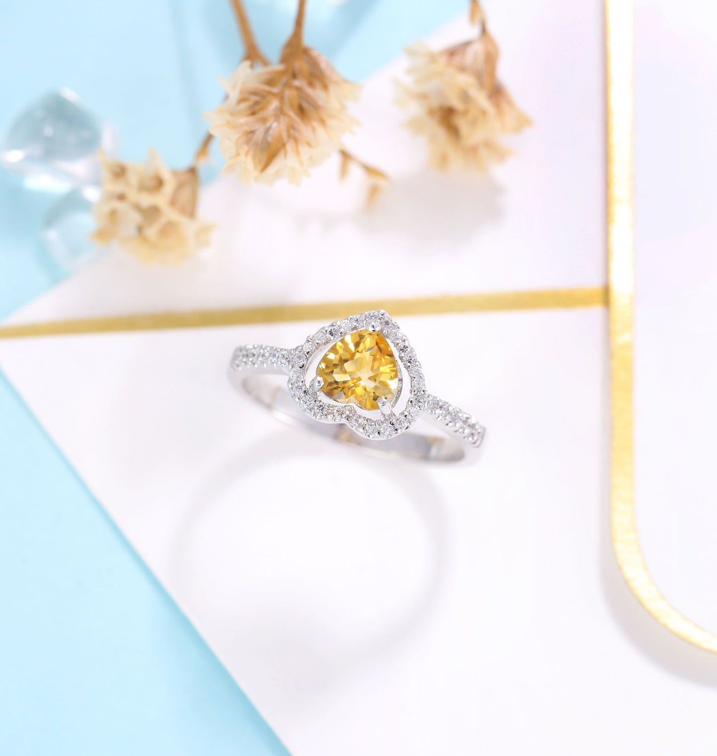 Citrine Engagement Ring Women White Gold | Heart cut Bridal Jewelry | Vintage Moissanite wedding ring| Promise ring Anniversary Gift for Her