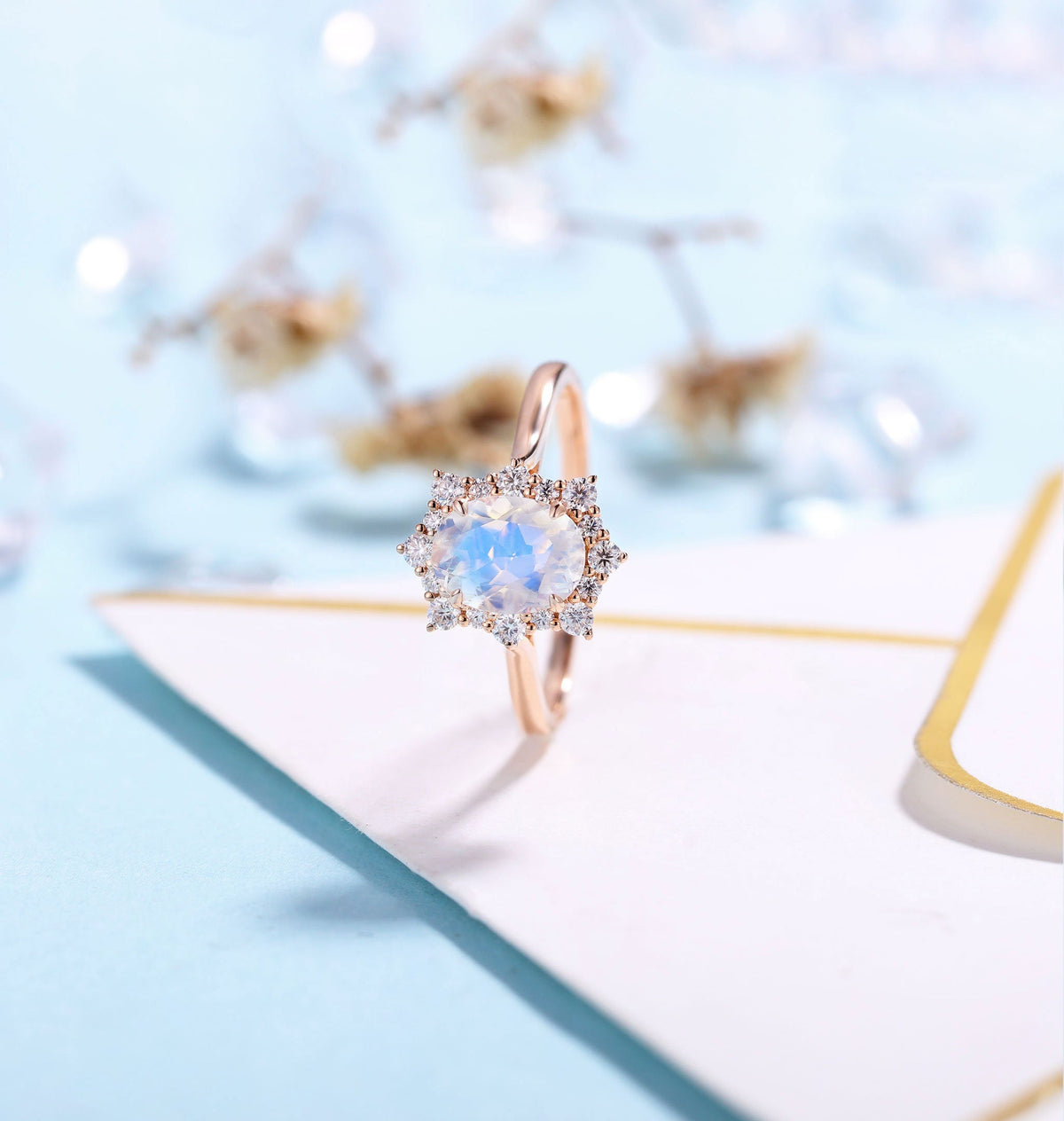 Antique Moonstone engagement ring rose gold women | Vintage Halo wedding ring |  Moissanite jewelry Bridal ring | Anniversary gift for her