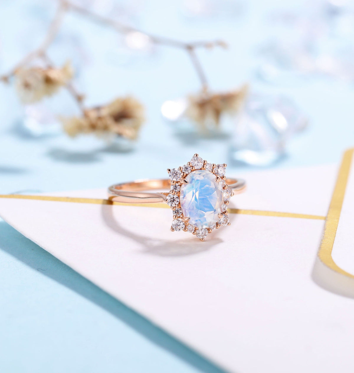 Antique Moonstone engagement ring rose gold women | Vintage Halo wedding ring |  Moissanite jewelry Bridal ring | Anniversary gift for her