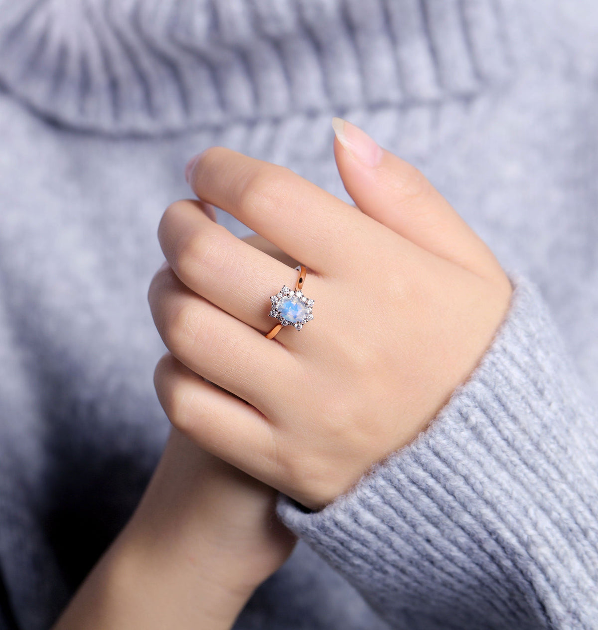 Antique Moonstone engagement ring rose gold women | Vintage Halo wedding ring |  Moissanite jewelry Bridal ring | Anniversary gift for her