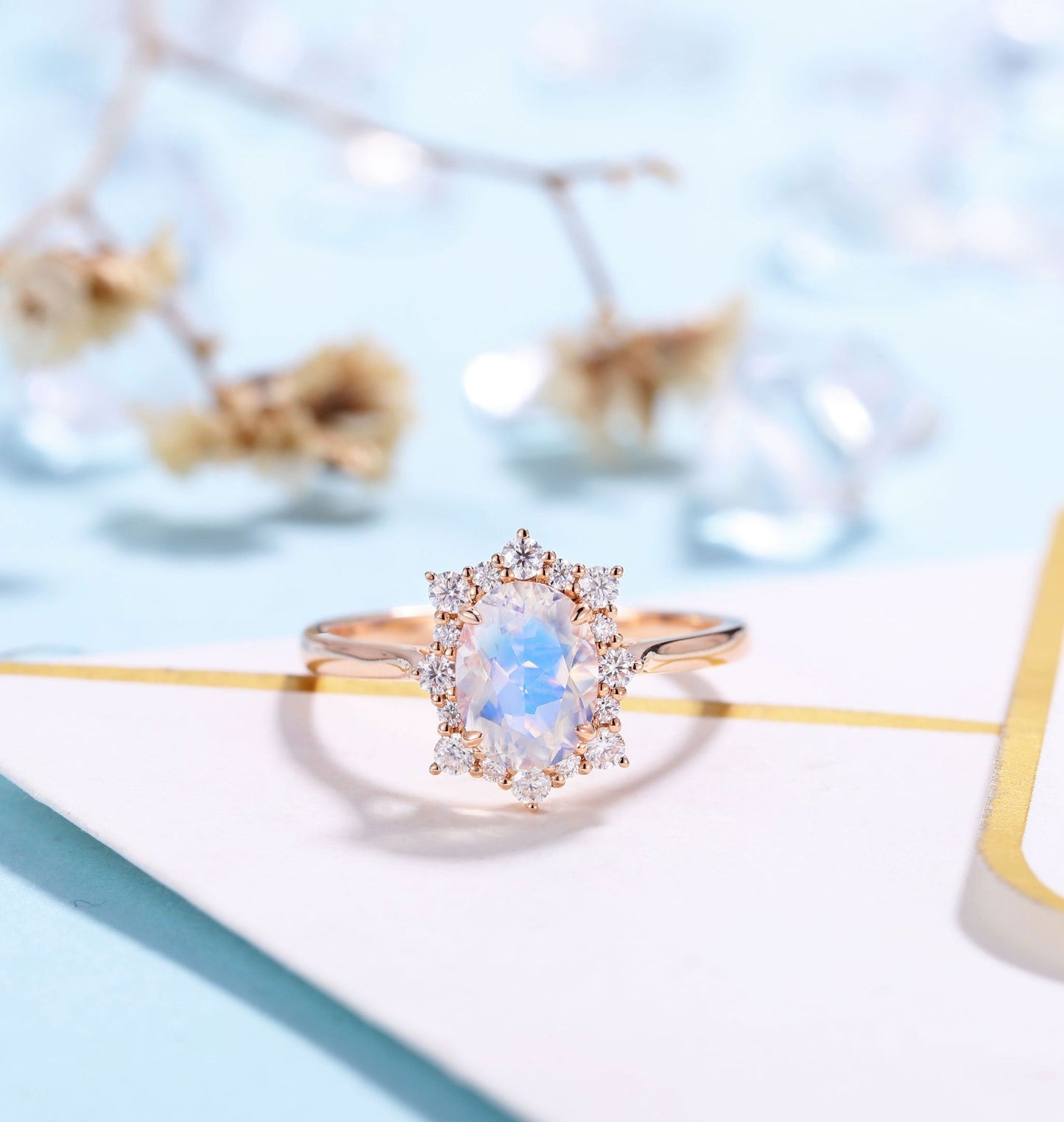 Antique Moonstone engagement ring rose gold women | Vintage Halo wedding ring |  Moissanite jewelry Bridal ring | Anniversary gift for her