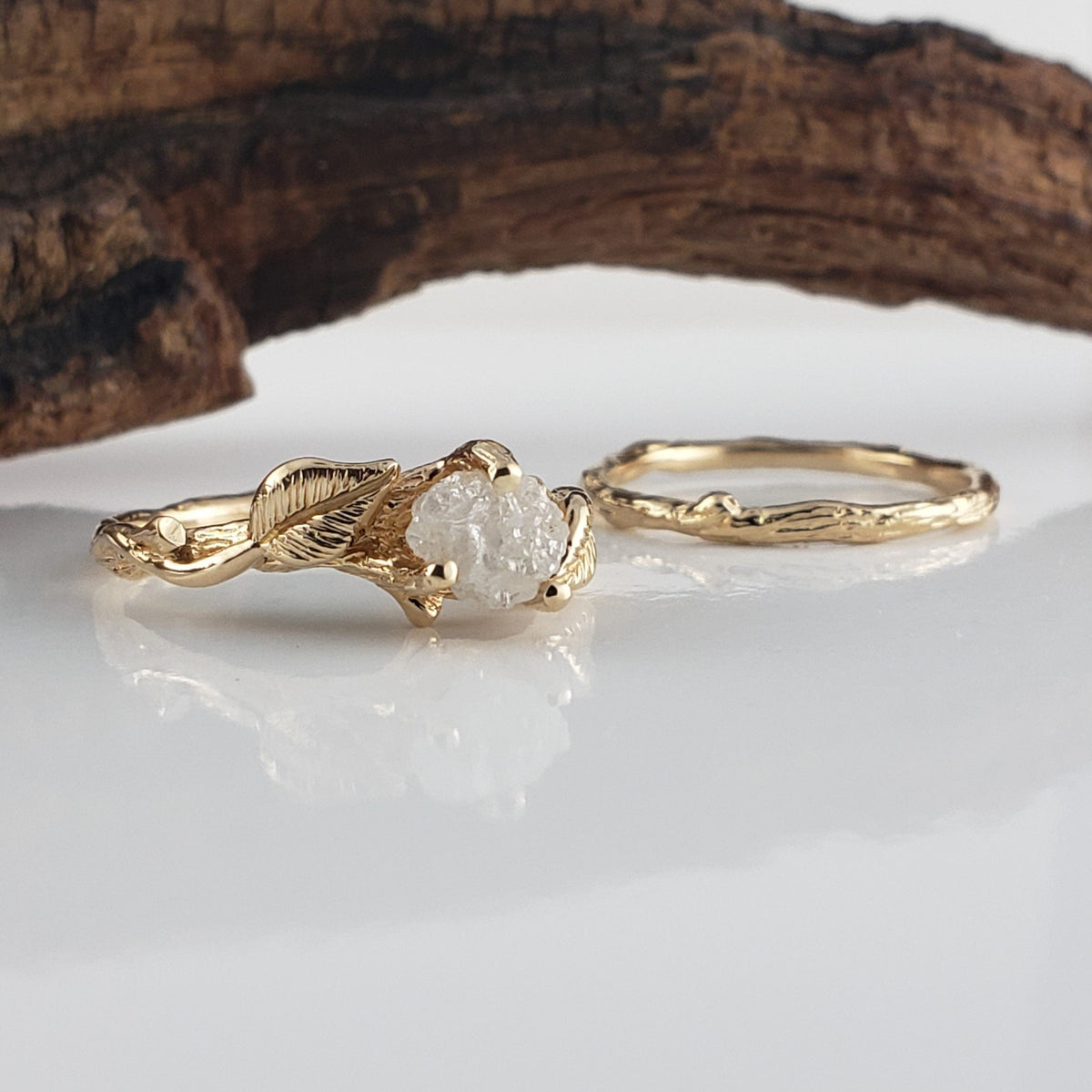 Rough Diamond Bridal Set with Leaf and Twig Design