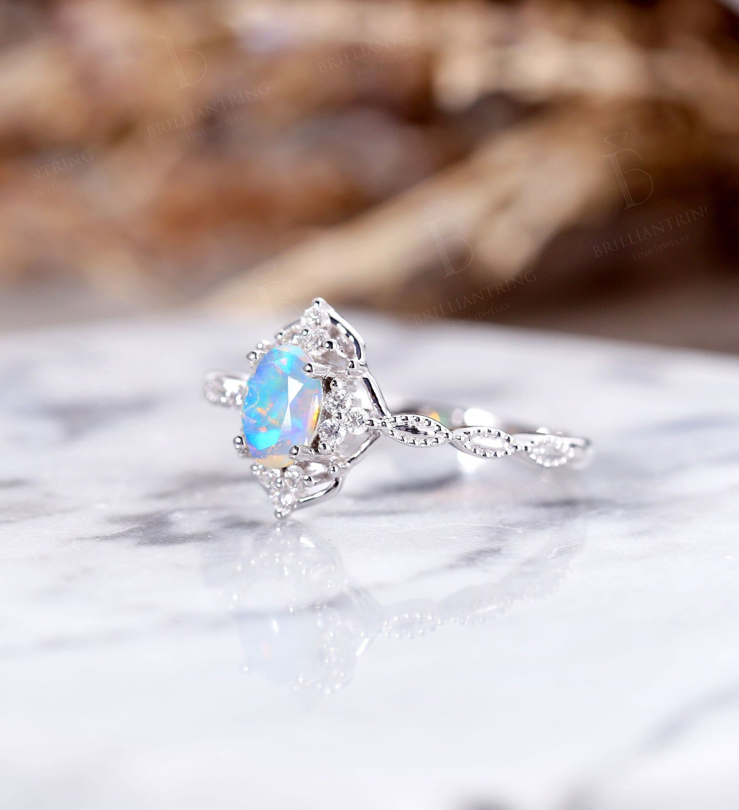 Faceted Opal engagement ring vintage white gold oval cut Antique Delicate diamond milgrain Wedding  Promise Anniversary wedding ring