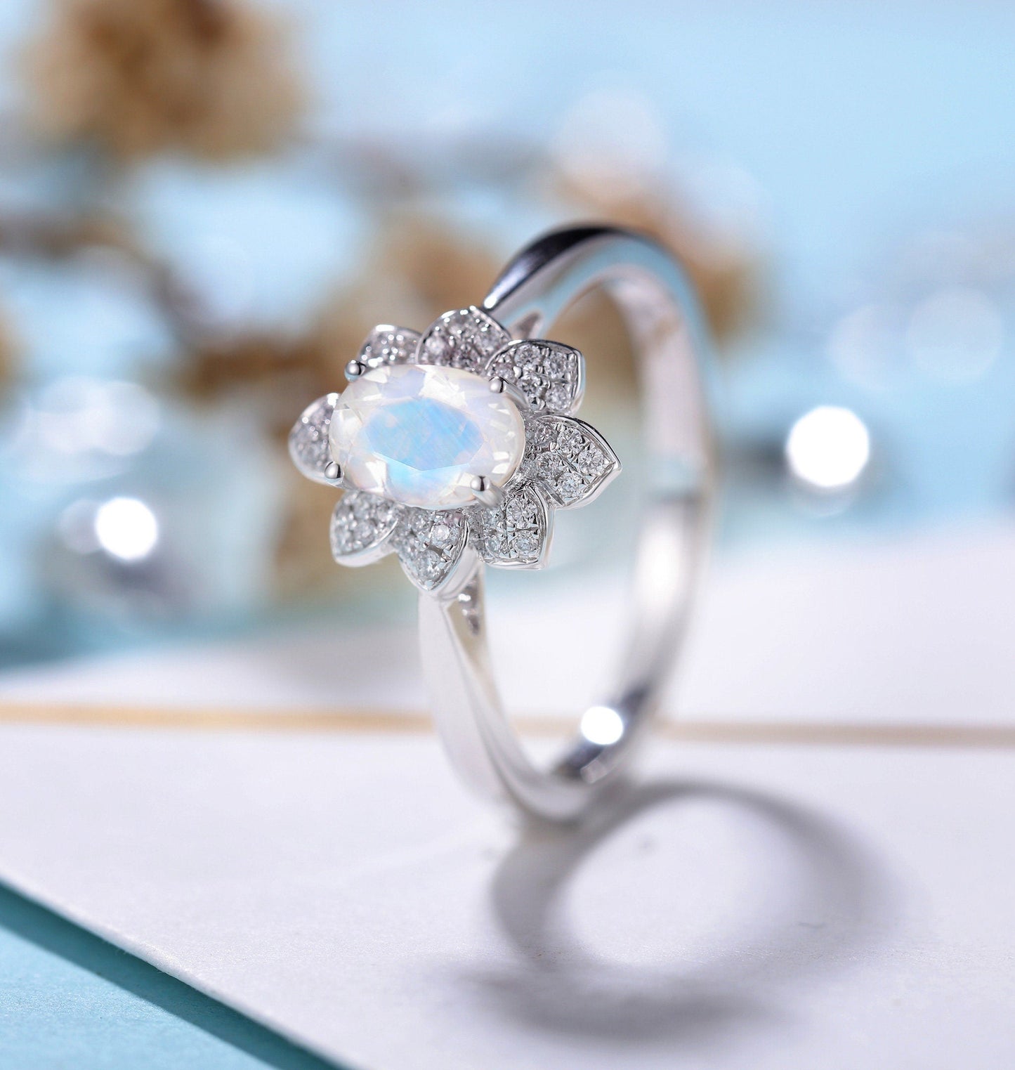 Moonstone Engagement Ring White Gold Women | Moissanite Floral Halo Bridal ring | Unique jewelry | promise ring anniversary gift for her