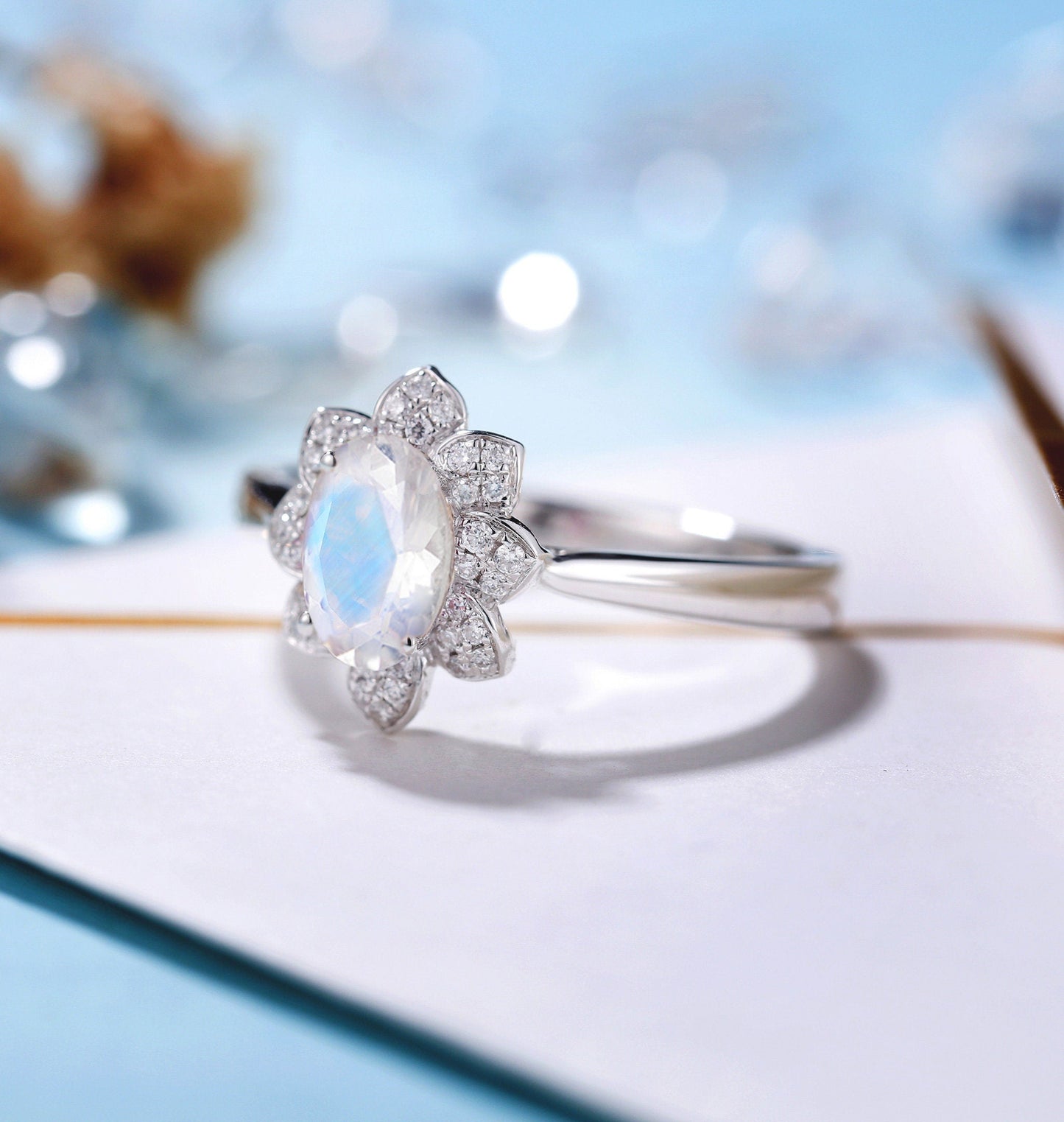 Moonstone Engagement Ring White Gold Women | Moissanite Floral Halo Bridal ring | Unique jewelry | promise ring anniversary gift for her