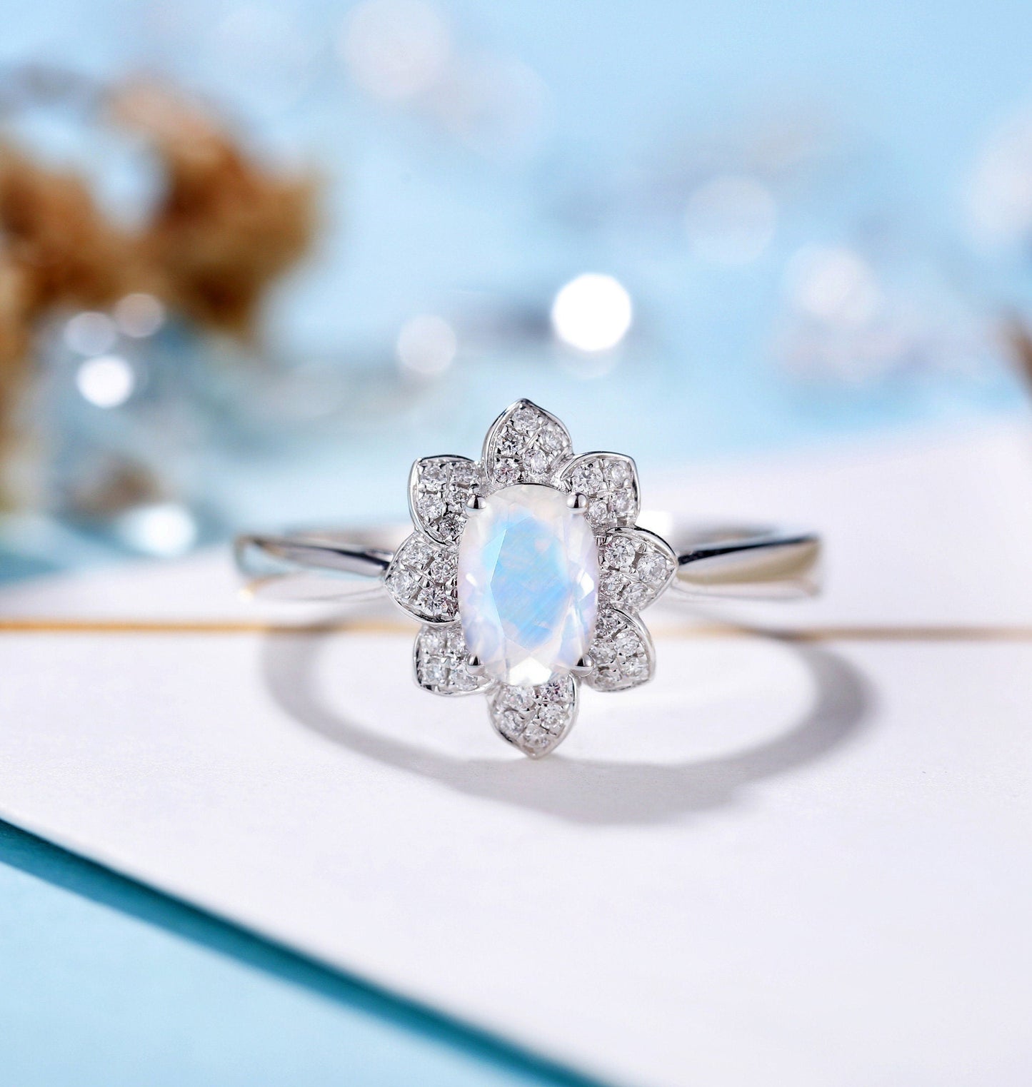 Moonstone Engagement Ring White Gold Women | Moissanite Floral Halo Bridal ring | Unique jewelry | promise ring anniversary gift for her