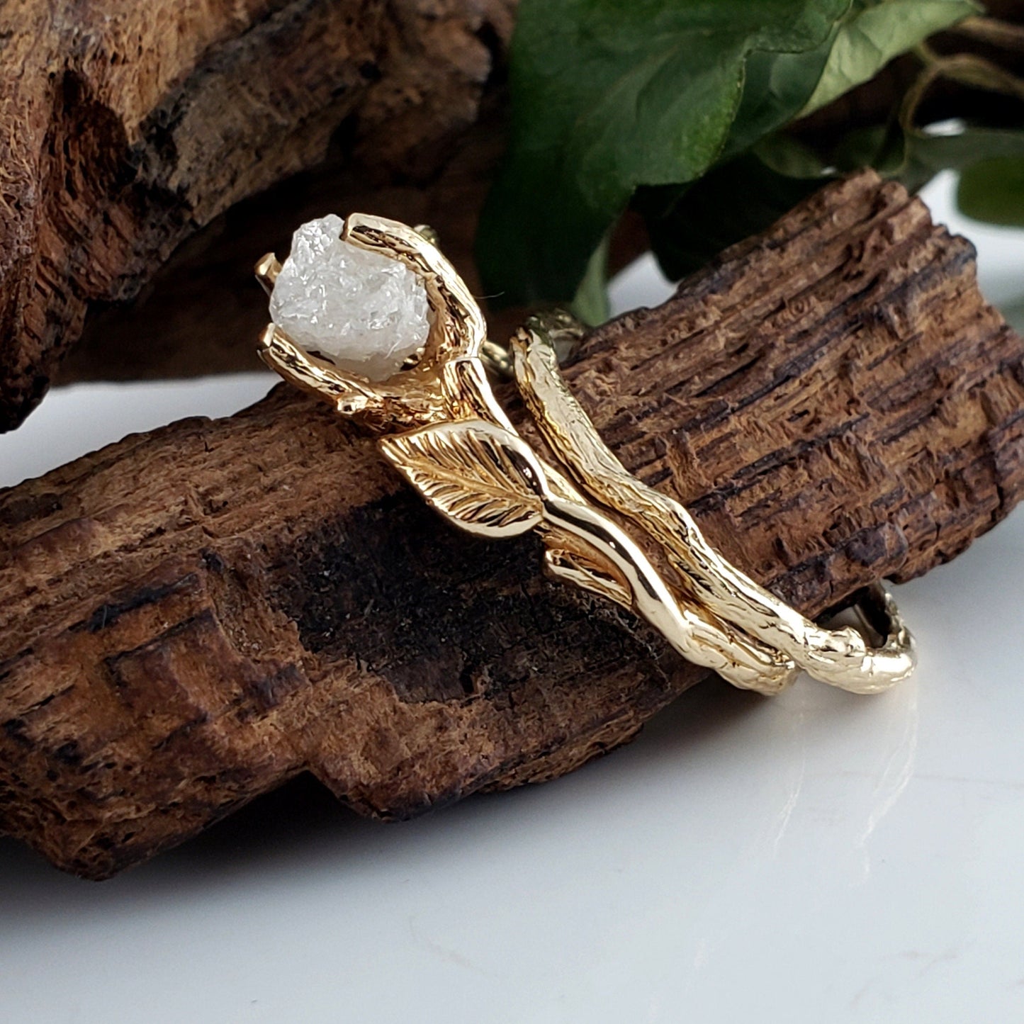 Rough Diamond Bridal Set with Leaf and Twig Design