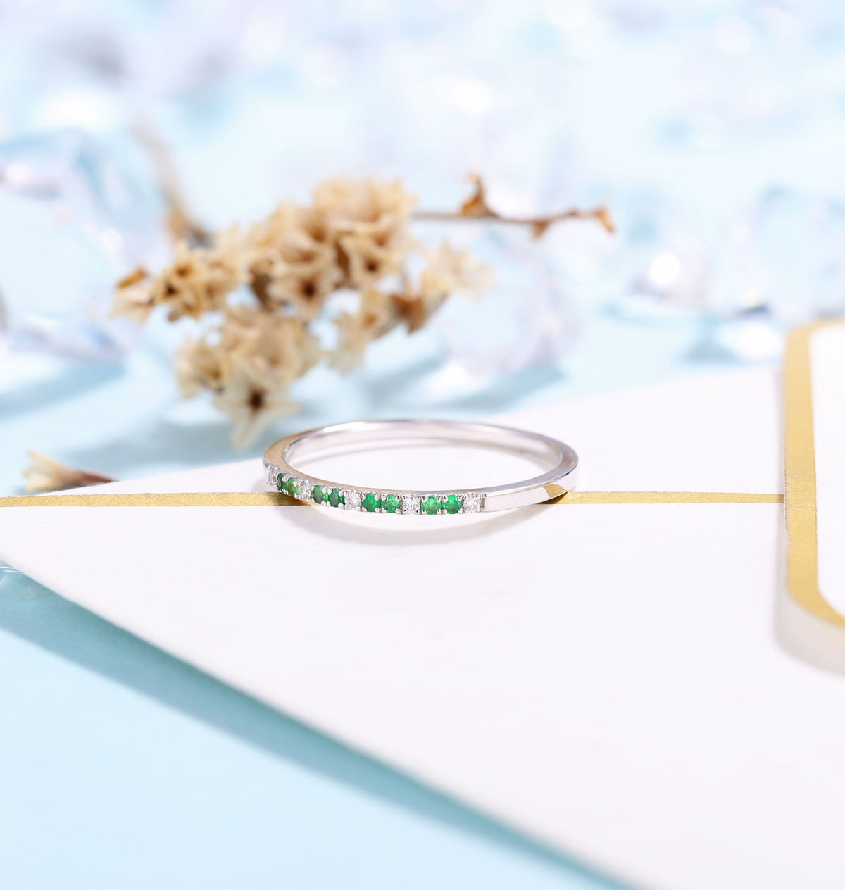 Delicate Wedding Band White Gold Women | Vintage Diamond wedding ring Stacking Emerald jewelry |Unique Promise Ring Anniversary Gift for her