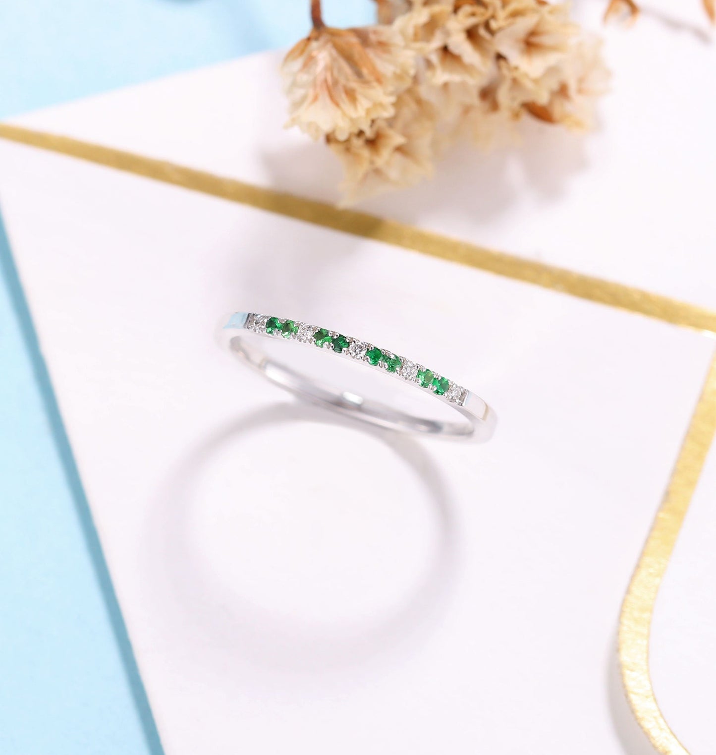 Delicate Wedding Band White Gold Women | Vintage Diamond wedding ring Stacking Emerald jewelry |Unique Promise Ring Anniversary Gift for her