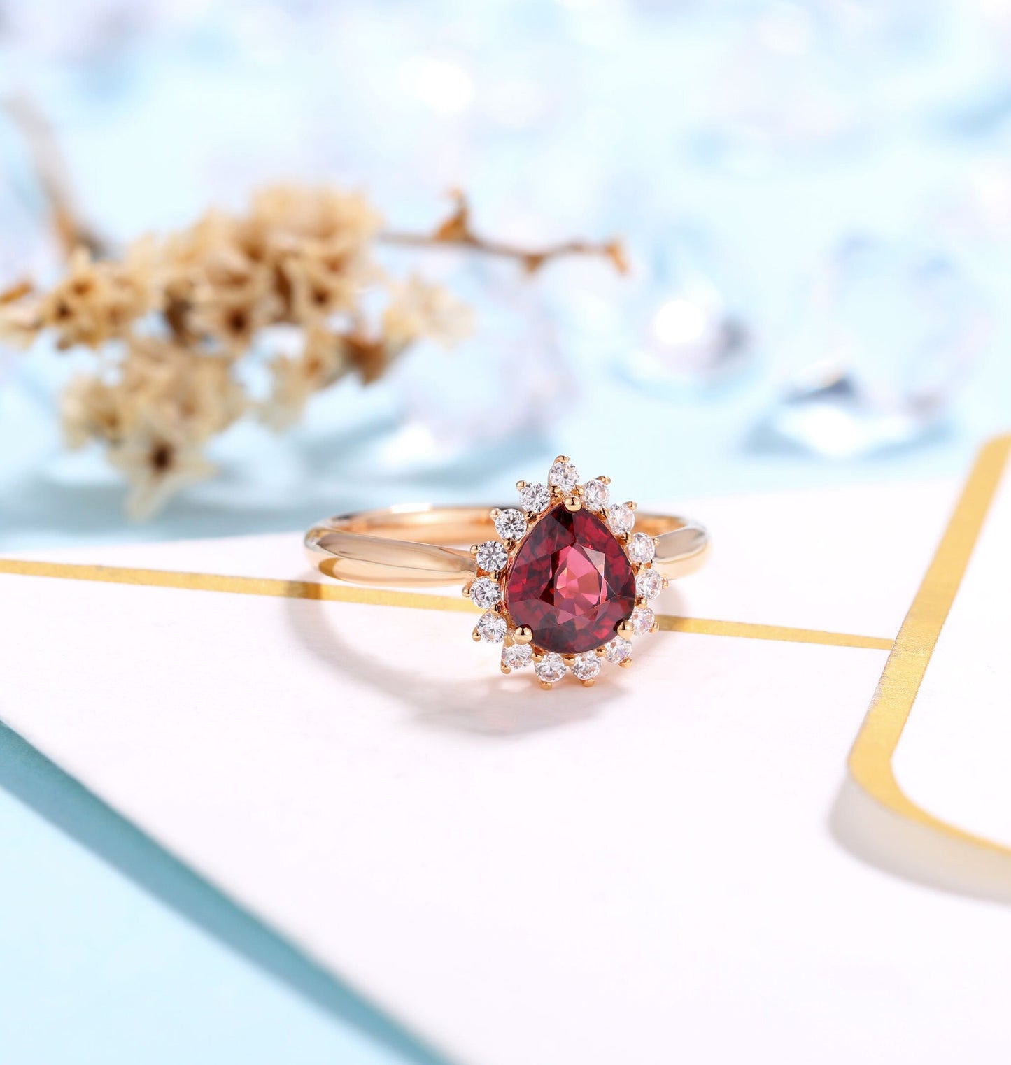 Garnet Engagement Ring Women Rose Gold | Antique pear shaped Bridal Jewelry | Delicate Halo Moissanite Ring|Vintage Anniversary Gift for Her
