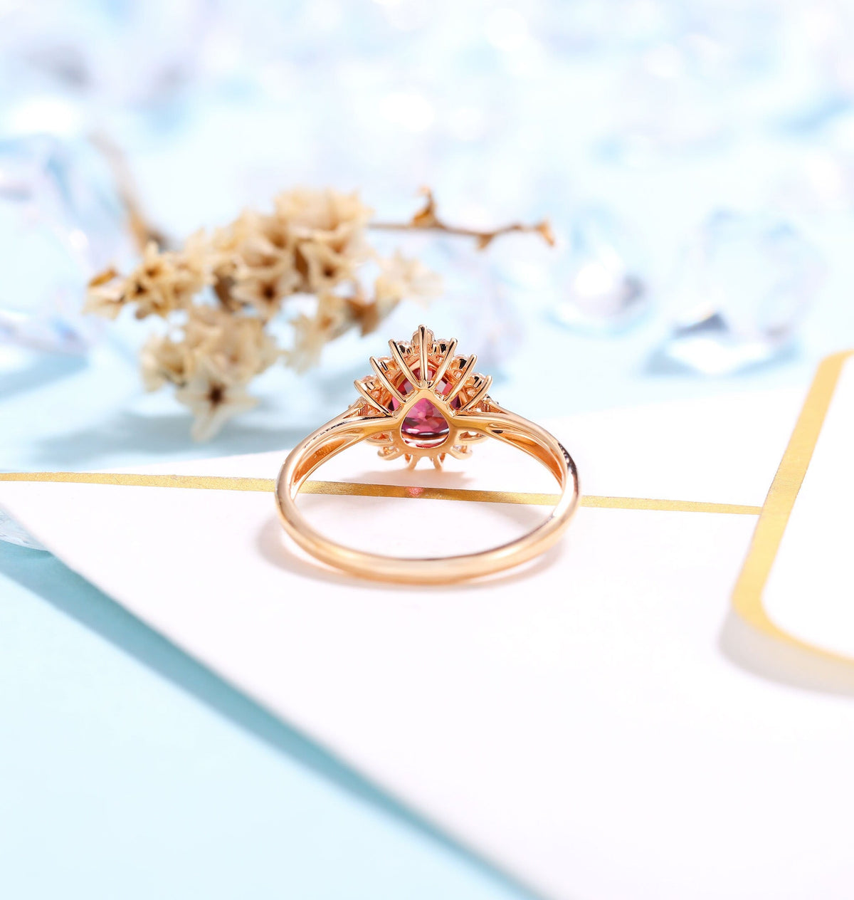 Garnet Engagement Ring Women Rose Gold | Antique pear shaped Bridal Jewelry | Delicate Halo Moissanite Ring|Vintage Anniversary Gift for Her