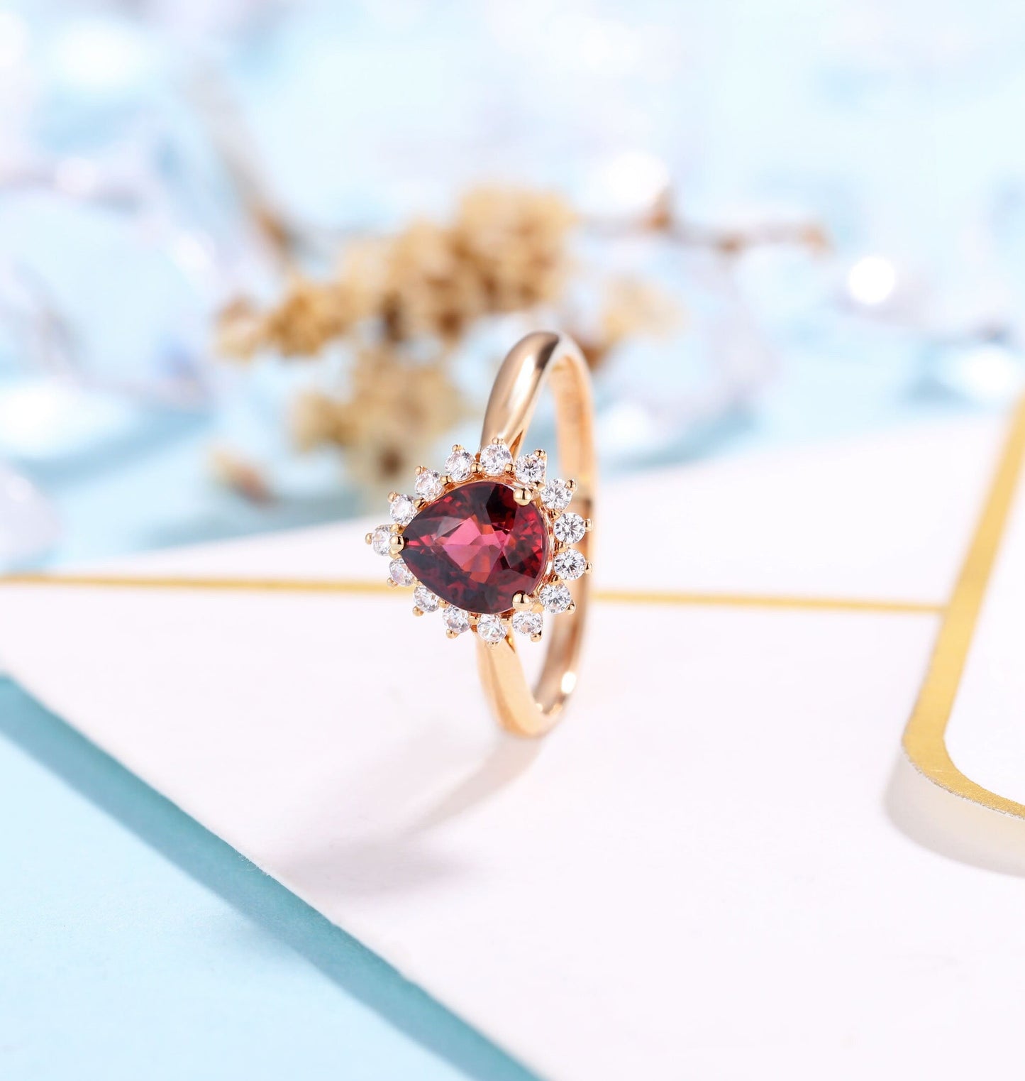 Garnet Engagement Ring Women Rose Gold | Antique pear shaped Bridal Jewelry | Delicate Halo Moissanite Ring|Vintage Anniversary Gift for Her