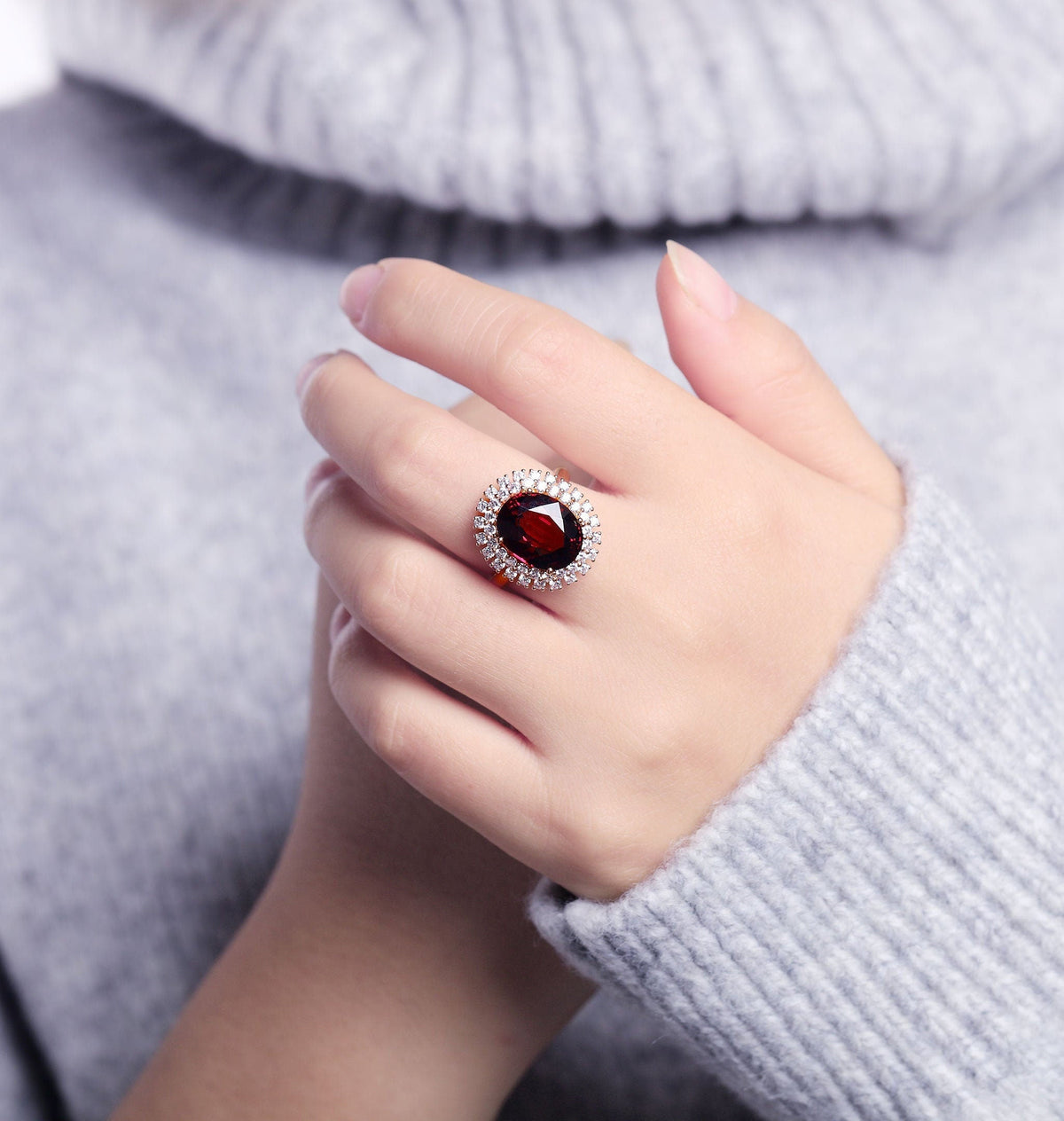 Garnet Engagement Ring Women Rose Gold | Antique oval cut Bridal Jewelry | Delicate Halo Moissanite Ring | Vintage Anniversary Gift for Her