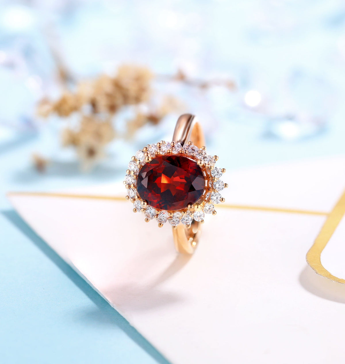 Garnet Engagement Ring Women Rose Gold | Antique Halo Bridal Jewelry |Delicate Moissanite Ring|Vintage wedding ring Anniversary ring