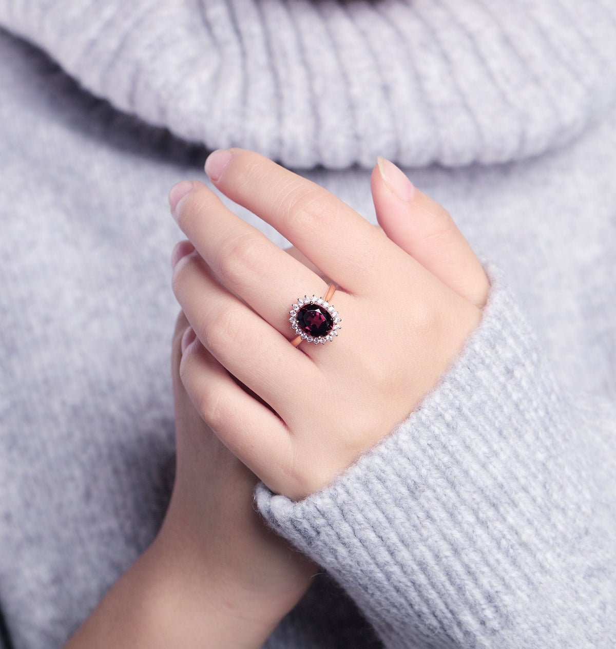Garnet Engagement Ring Women Rose Gold | Antique Halo Bridal Jewelry |Delicate Moissanite Ring|Vintage wedding ring Anniversary ring