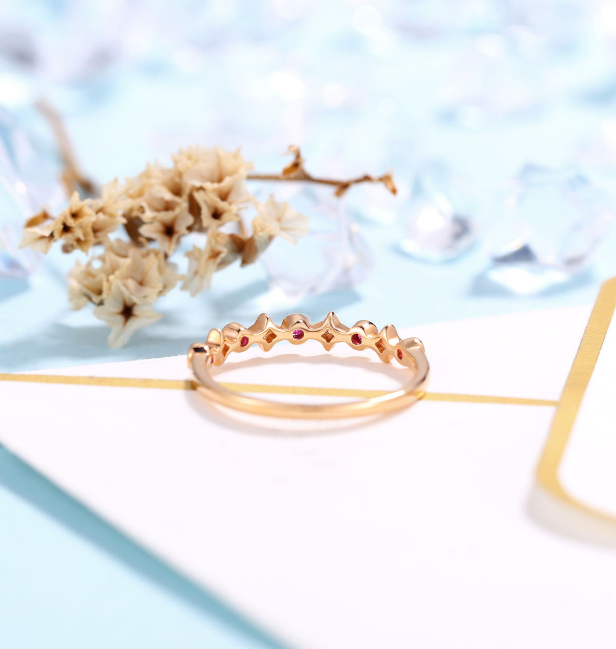 Delicate Wedding Band Rose Gold Women | Vintage Diamond wedding ring | Antique Ruby jewelry | Unique Promise Ring | Anniversary Gift for her
