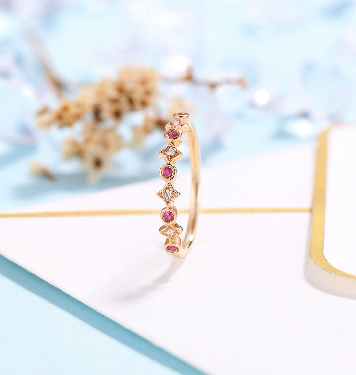 Delicate Wedding Band Rose Gold Women | Vintage Diamond wedding ring | Antique Ruby jewelry | Unique Promise Ring | Anniversary Gift for her