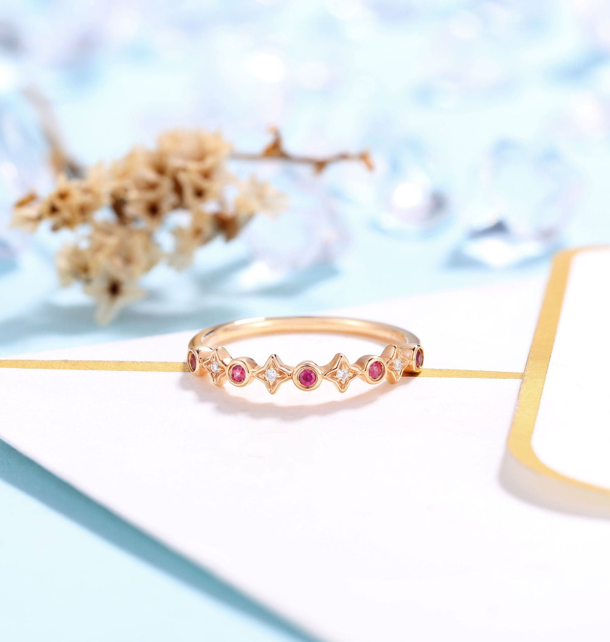 Delicate Wedding Band Rose Gold Women | Vintage Diamond wedding ring | Antique Ruby jewelry | Unique Promise Ring | Anniversary Gift for her