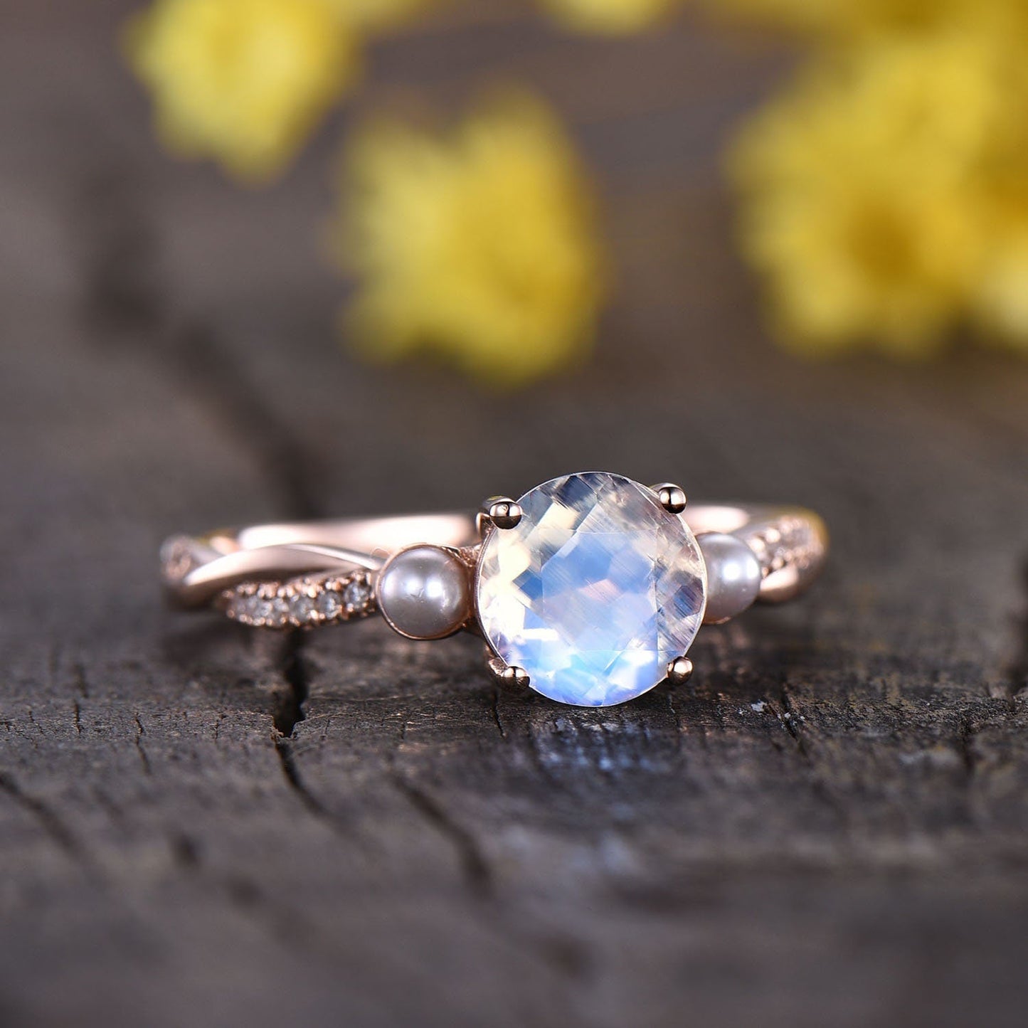 Moonstone Engagement Ring: Pearl Diamond, 14K Rose Gold Art Deco Bridal Ring