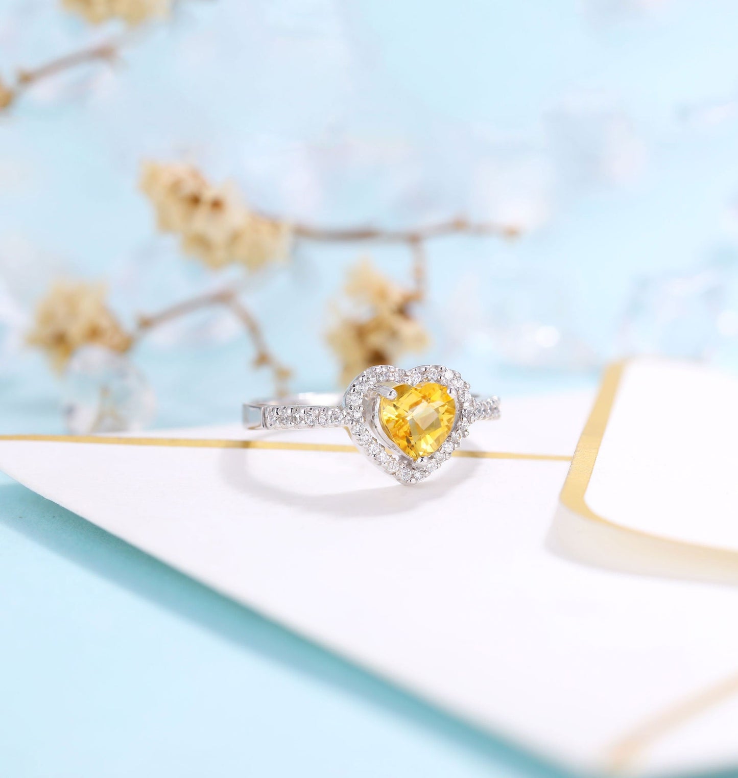 Citrine Engagement Ring Women White Gold | Heart cut Bridal Jewelry | Vintage Moissanite wedding ring| Promise ring Anniversary Gift for Her