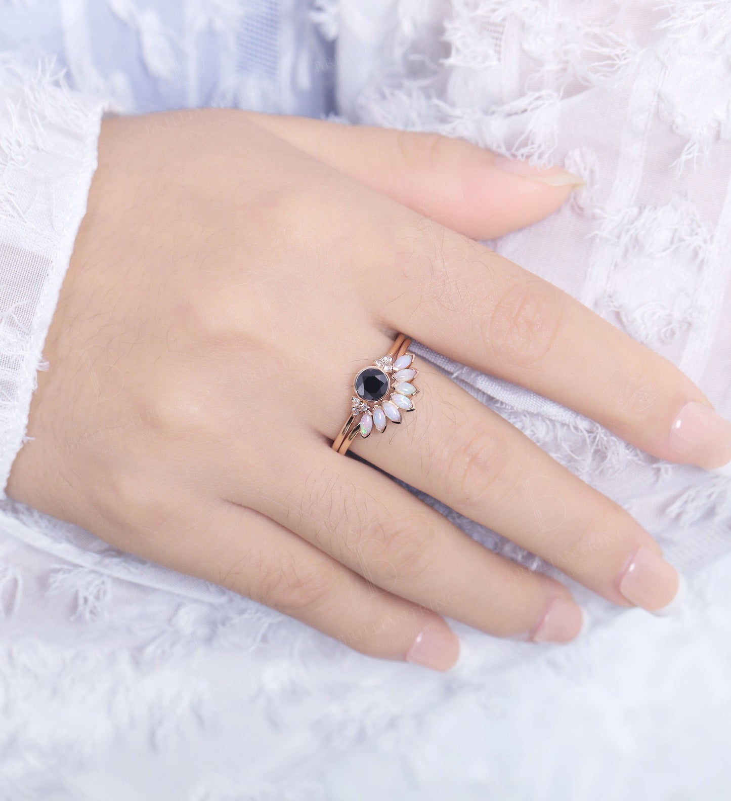 Black Onyx engagement ring for ,Marquise cut opal wedding band,Vintage rose gold wedding ring,Art deco Jewelry Anniversary wedding ring