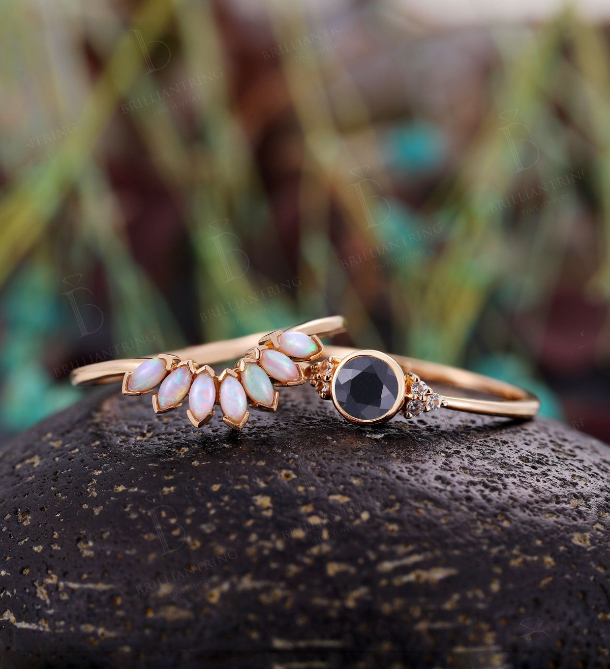 Black Onyx engagement ring for ,Marquise cut opal wedding band,Vintage rose gold wedding ring,Art deco Jewelry Anniversary wedding ring