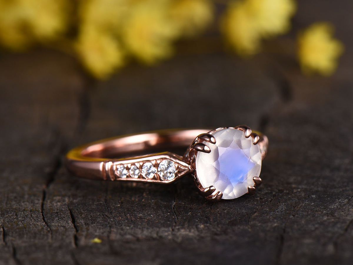 Moonstone Engagement Ring, Art Deco Diamond Band, 8-prong Set