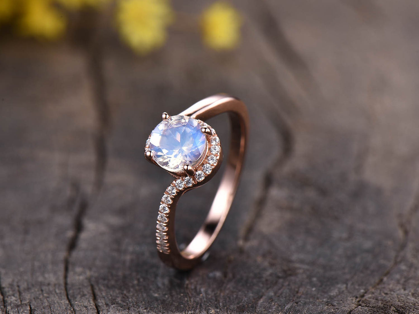 Rose Gold Moonstone Engagement Ring, Diamond Halo, Unique Promise Ring