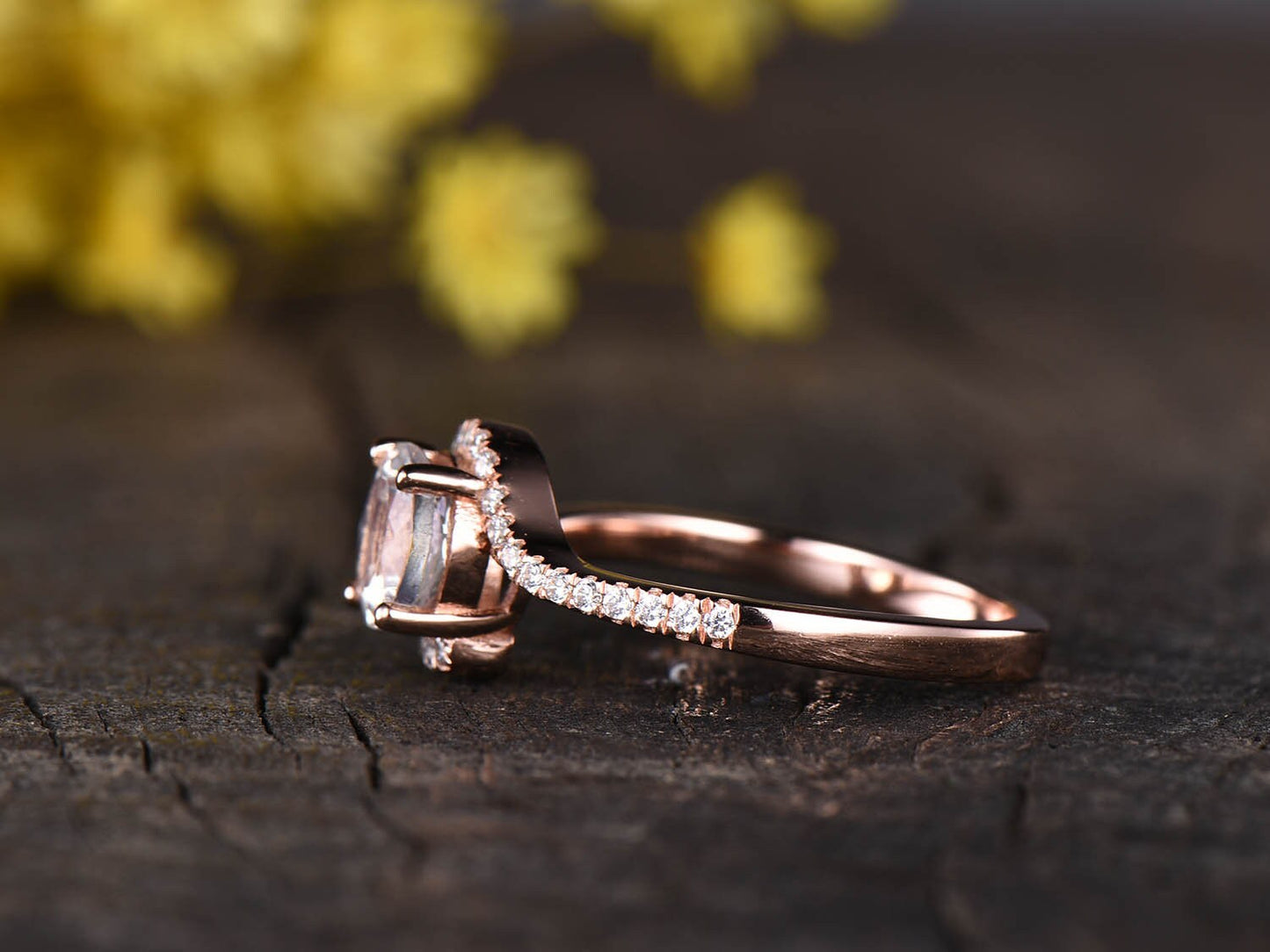 Rose Gold Moonstone Engagement Ring, Diamond Halo, Unique Promise Ring