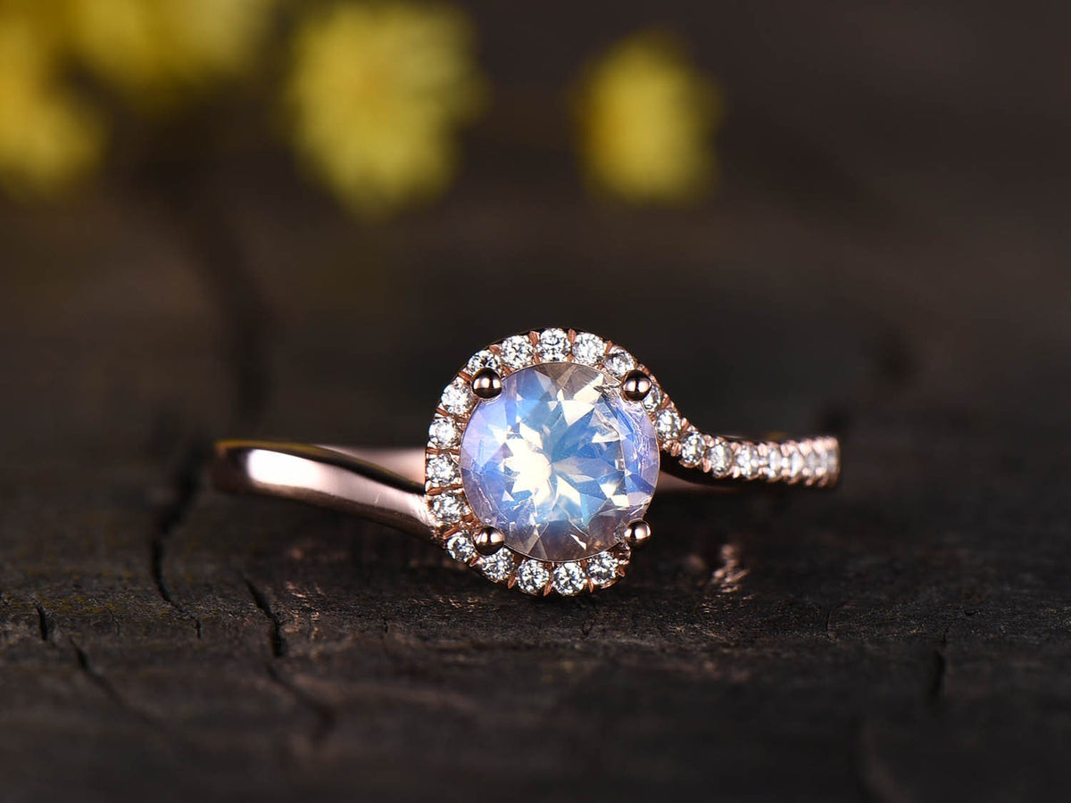 Rose Gold Moonstone Engagement Ring, Diamond Halo, Unique Promise Ring