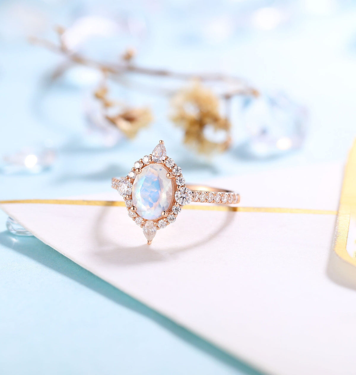 Moonstone engagement ring rose gold women | Vintage floral wedding ring |  Unique jewelry Bridal ring | Art deco Anniversary gift for her