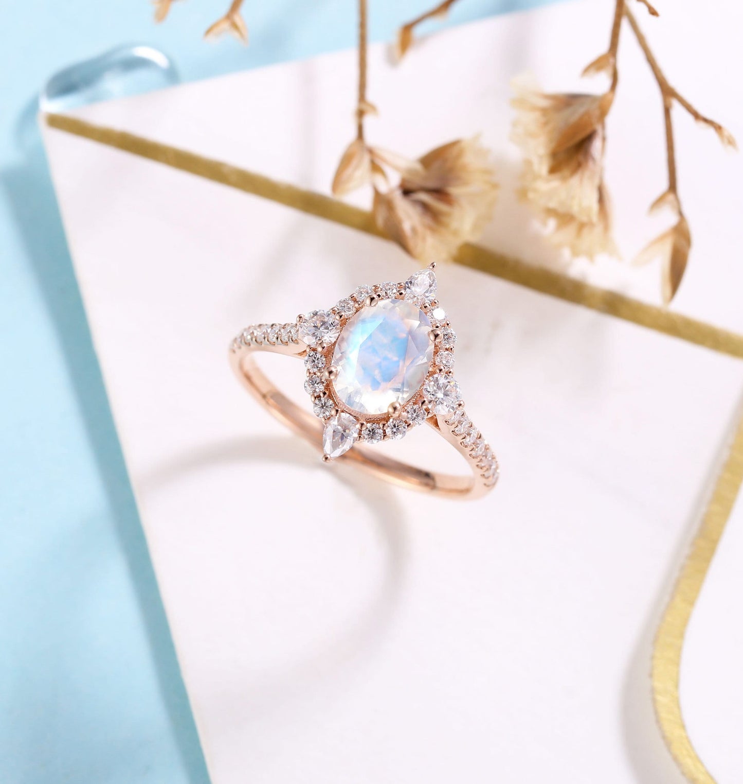Moonstone engagement ring rose gold women | Vintage floral wedding ring |  Unique jewelry Bridal ring | Art deco Anniversary gift for her