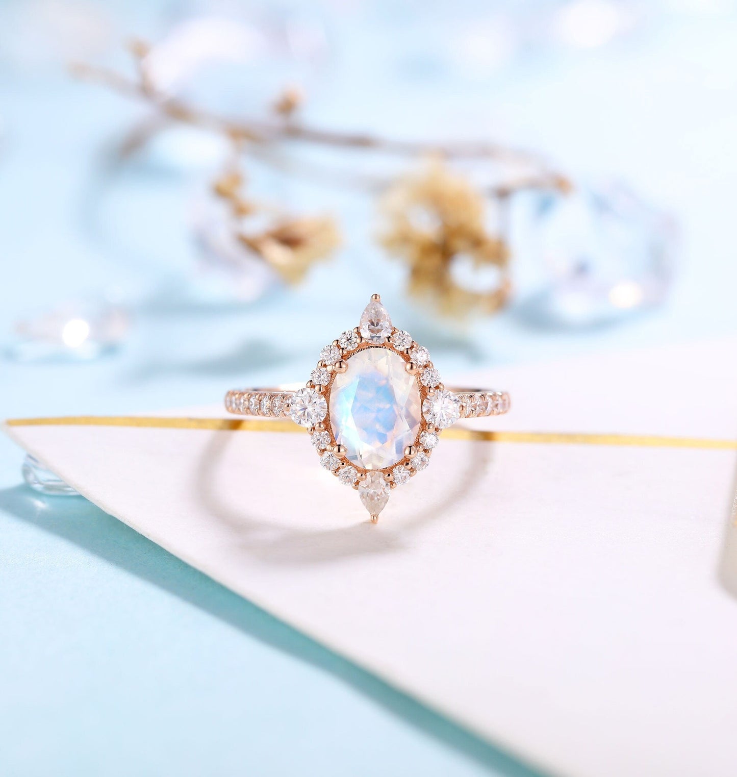 Moonstone engagement ring rose gold women | Vintage floral wedding ring |  Unique jewelry Bridal ring | Art deco Anniversary gift for her
