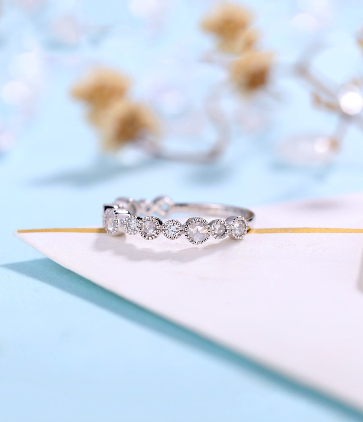 Diamond wedding band women | white gold band | unique rose cut bridal ring | matching wedding ring | promise ring anniversary gift for her