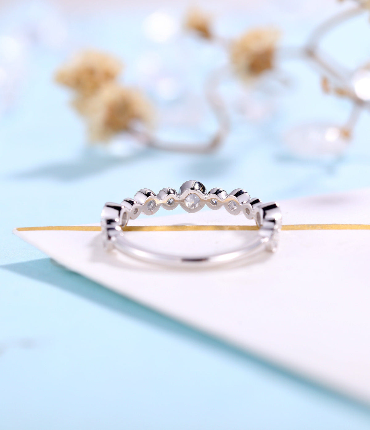 Diamond wedding band women | white gold band | unique rose cut bridal ring | matching wedding ring | promise ring anniversary gift for her