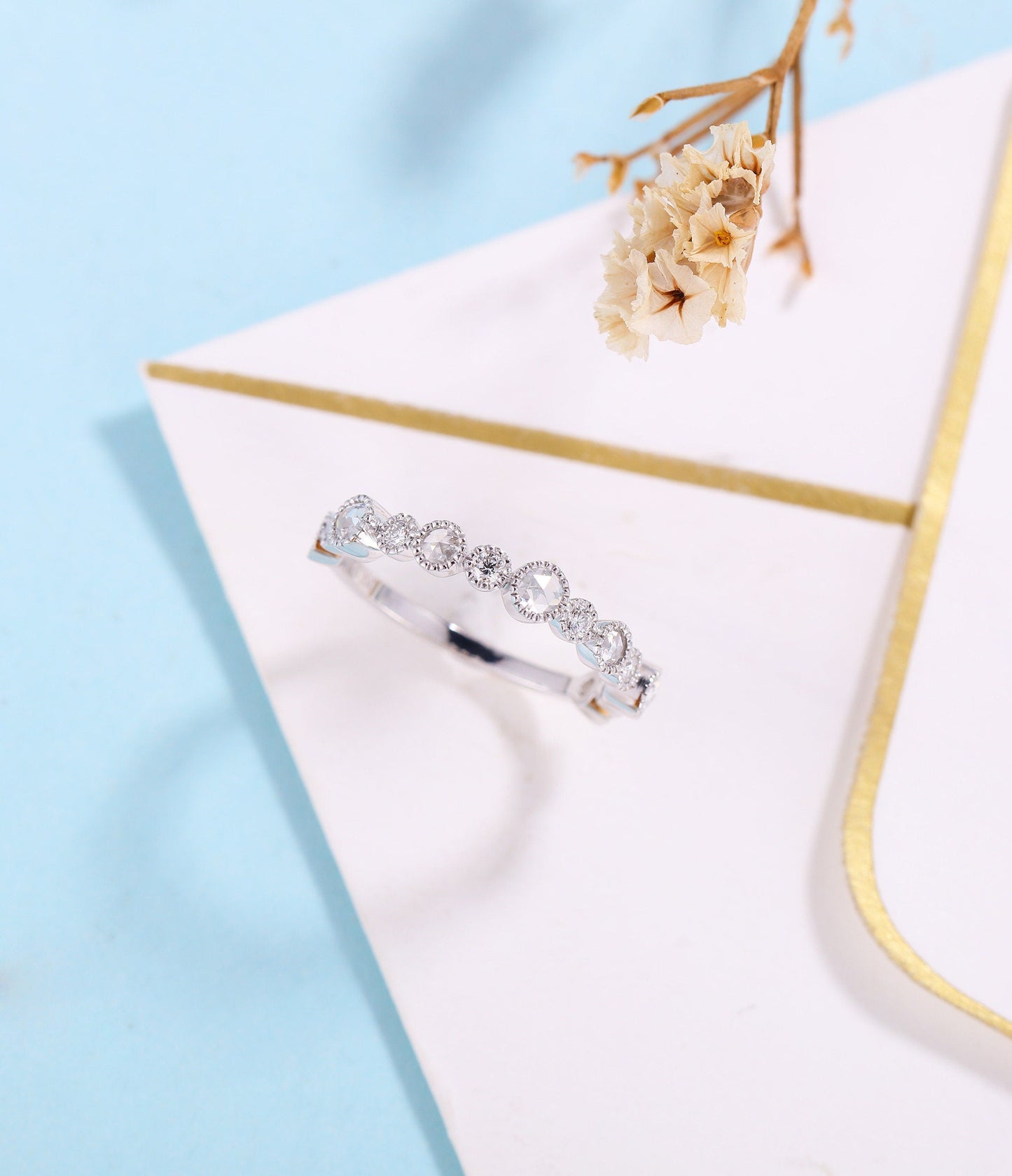 Diamond wedding band women | white gold band | unique rose cut bridal ring | matching wedding ring | promise ring anniversary gift for her