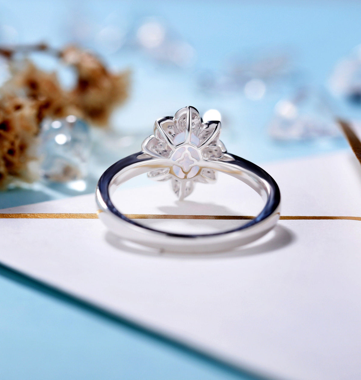 Moonstone Engagement Ring White Gold Women | Moissanite Floral Halo Bridal ring | Unique jewelry | promise ring anniversary gift for her
