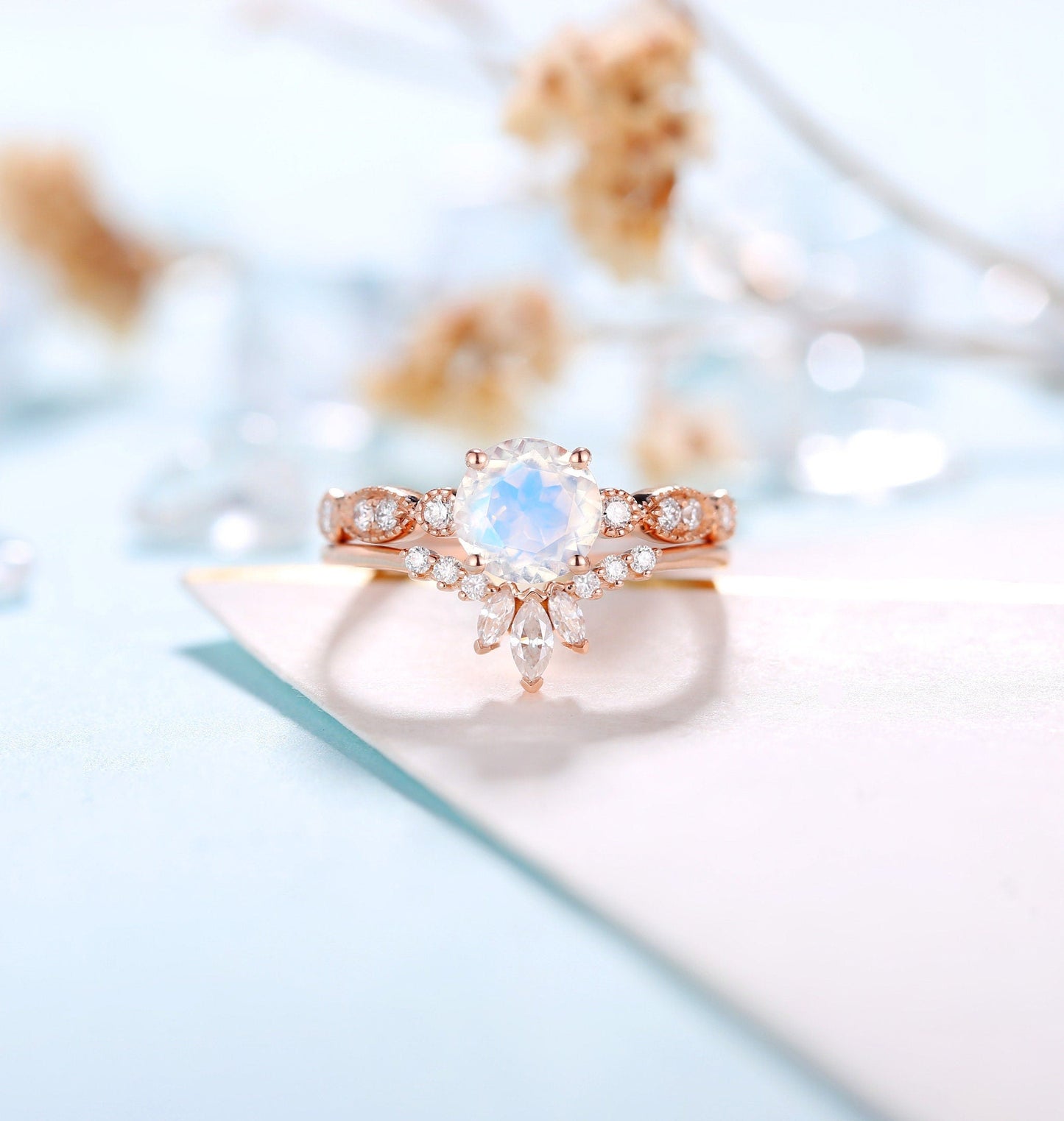 Moonstone Engagement Ring Women | Rose Gold Band Women | Antique bridal set | Moissanite wedding set Diamond | Anniversary gift for her