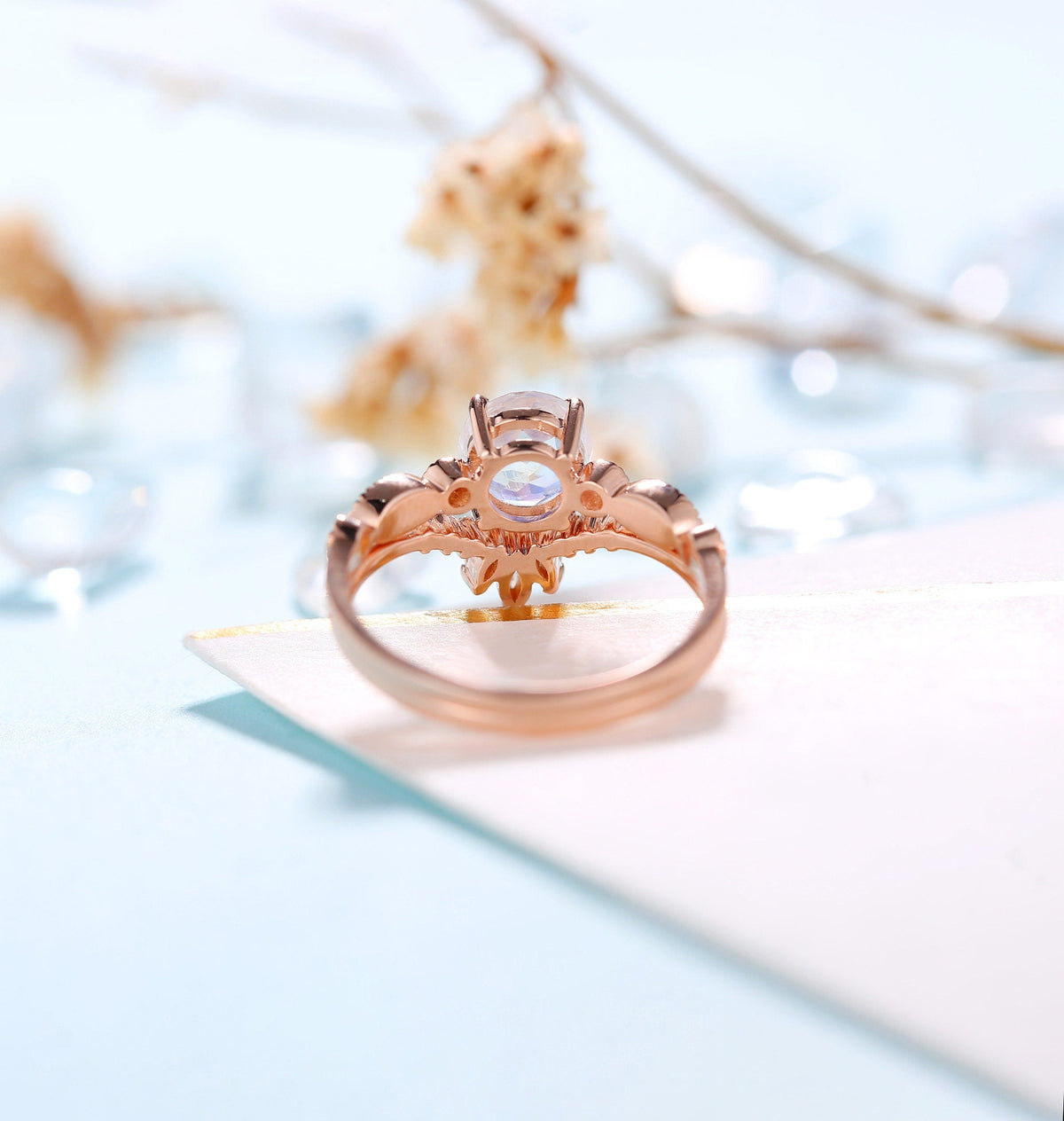 Moonstone Engagement Ring Women | Rose Gold Band Women | Antique bridal set | Moissanite wedding set Diamond | Anniversary gift for her