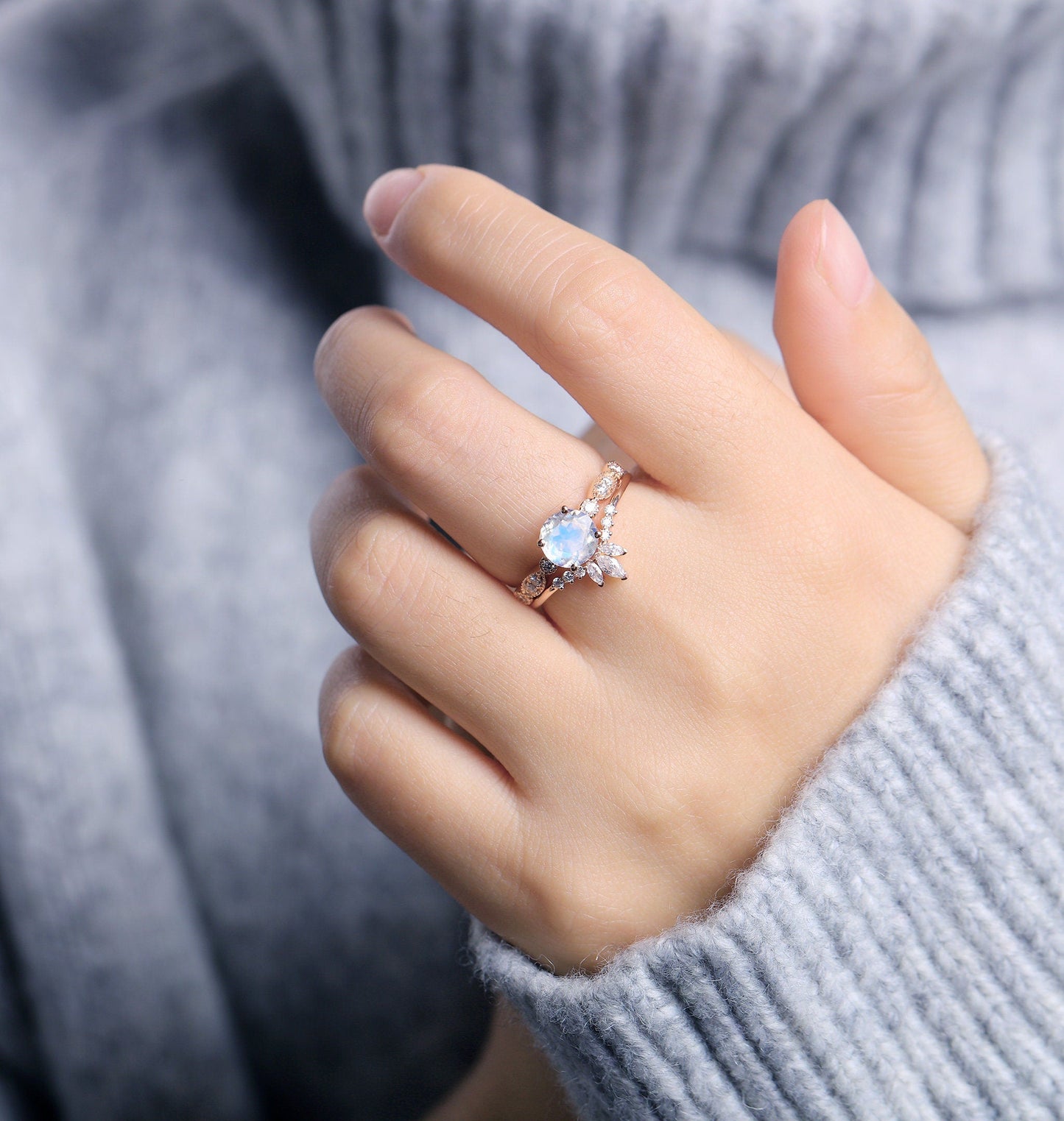 Moonstone Engagement Ring Women | Rose Gold Band Women | Antique bridal set | Moissanite wedding set Diamond | Anniversary gift for her