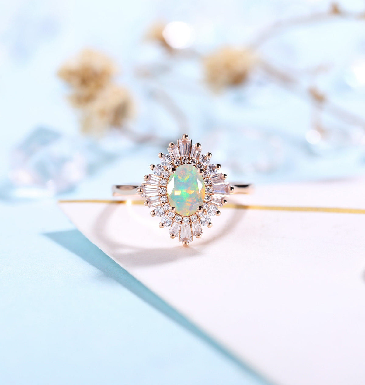 Faceted Oval cut Opal Engagement Ring Rose gold Women | Antique CZ/Diamond Bridal Baguette Jewelry |Unique Promise Anniversary Gifts for Her