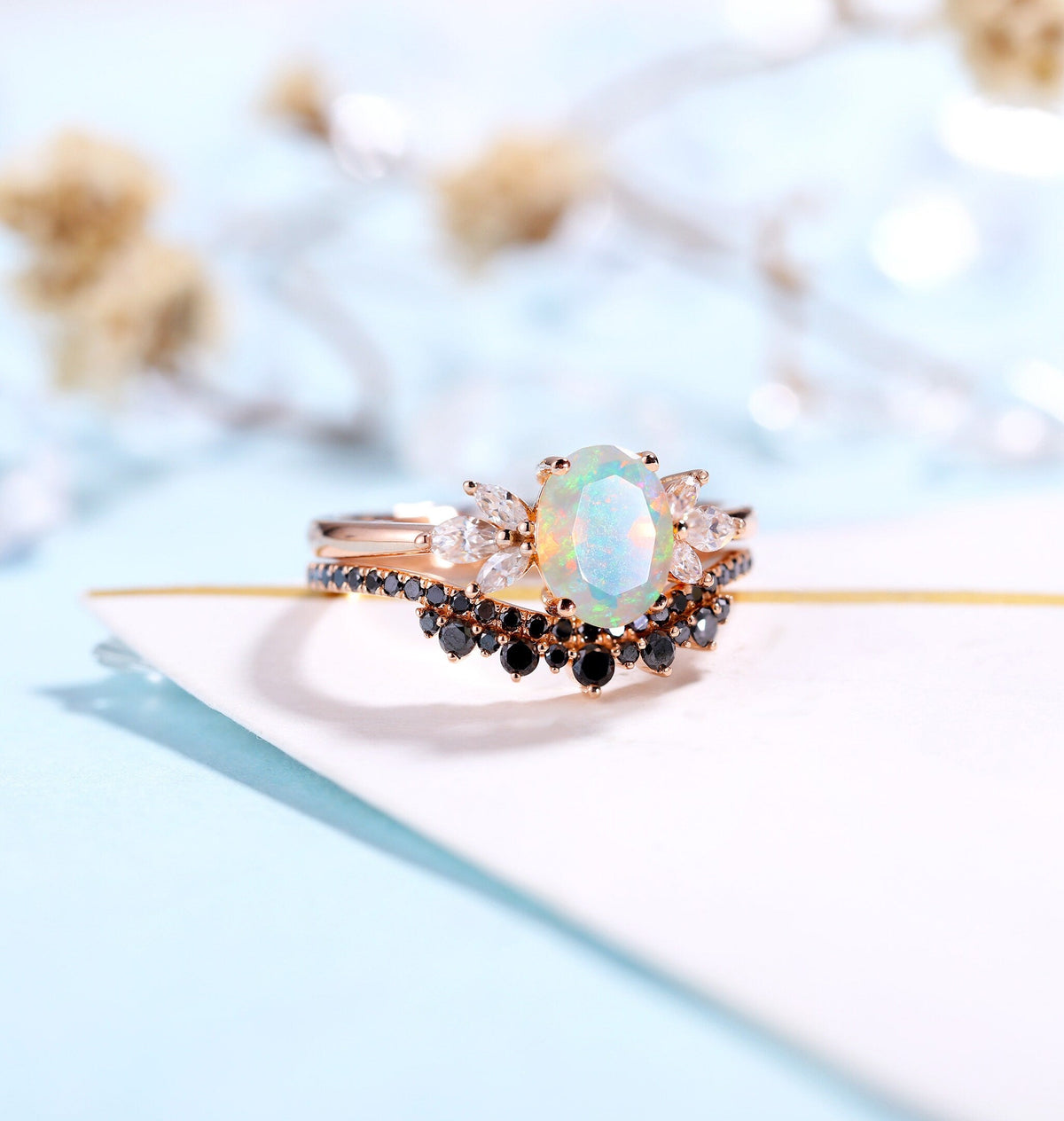 Faceted Opal Engagement Ring Rose Gold Women | Half Eternity Oval Bridal Set | Unique Black Diamond Wedding Set | Anniversary Gift for her