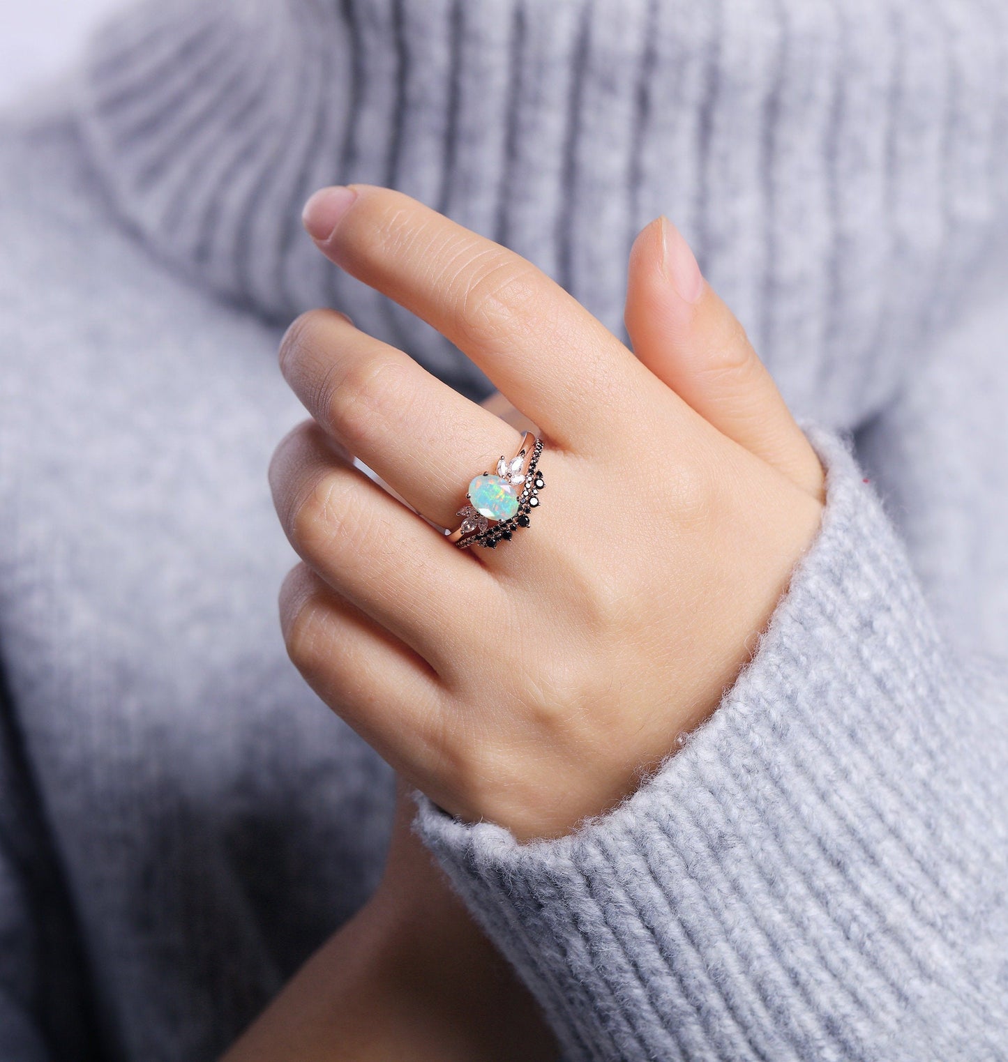 Faceted Opal Engagement Ring Rose Gold Women | Half Eternity Oval Bridal Set | Unique Black Diamond Wedding Set | Anniversary Gift for her