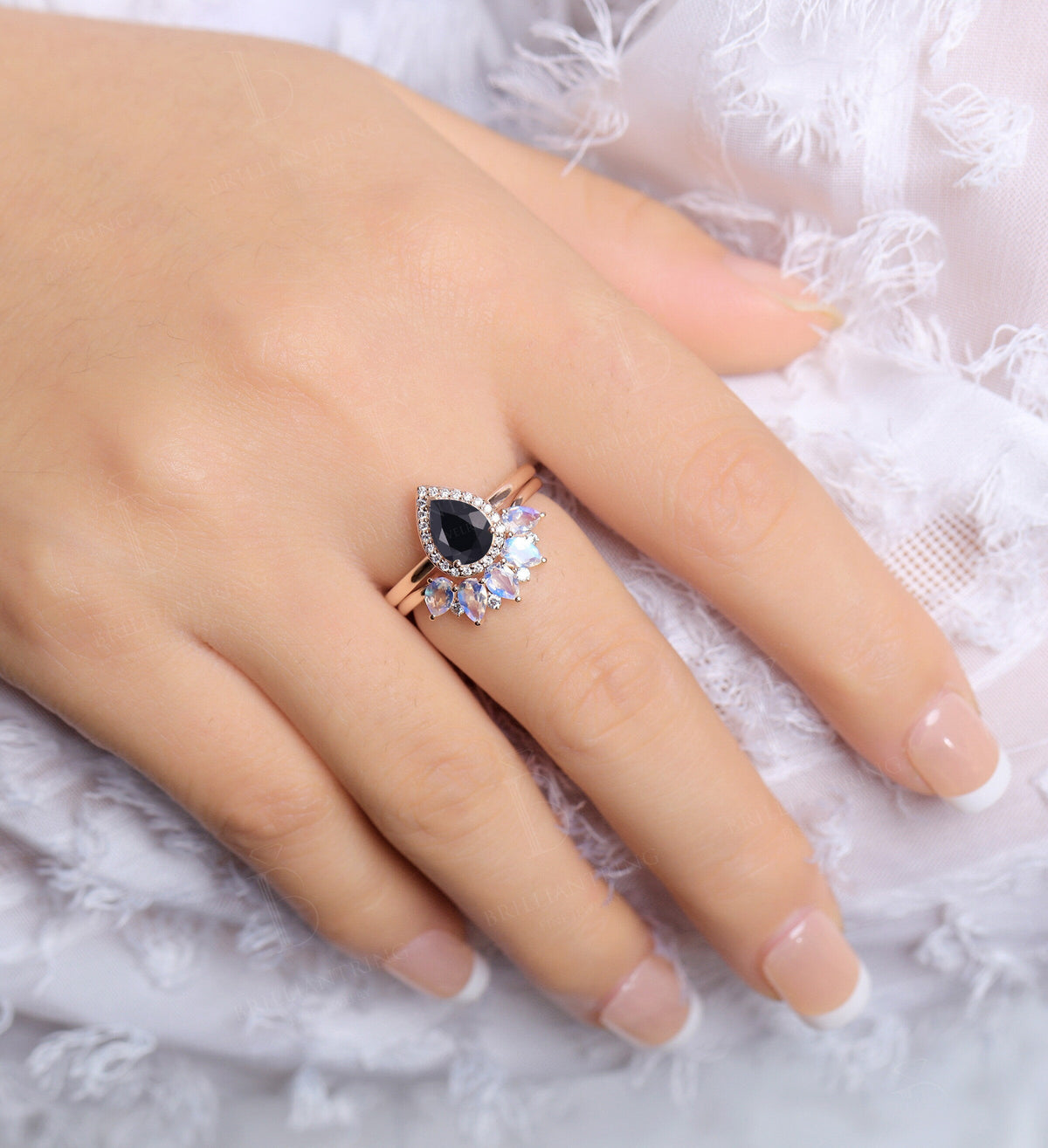 Black Onyx engagement ring  vintage pear shaped moissanite unique Wedding Ring set Jewelry art deco Anniversary wedding ring