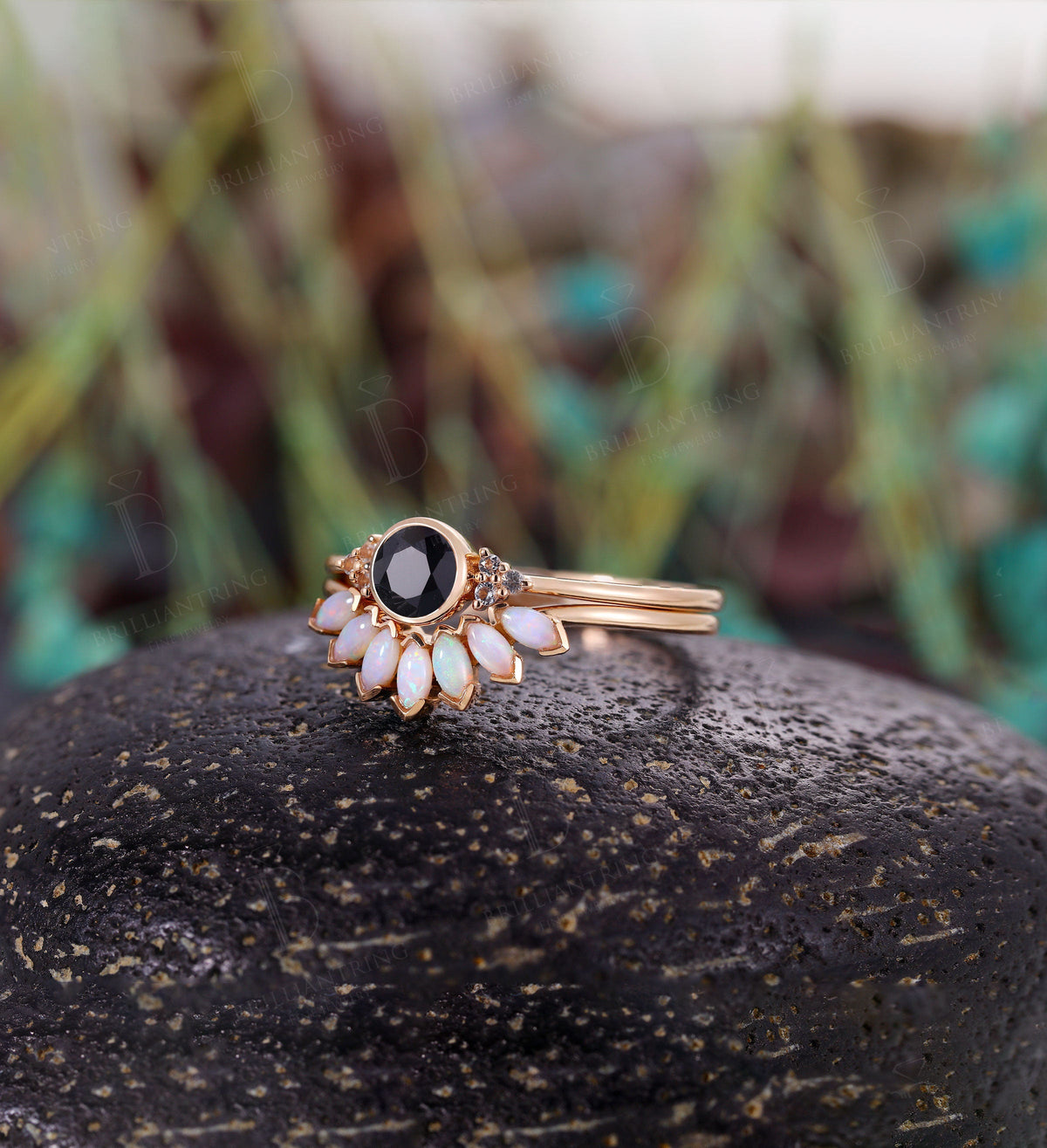 Black Onyx engagement ring for ,Marquise cut opal wedding band,Vintage rose gold wedding ring,Art deco Jewelry Anniversary wedding ring